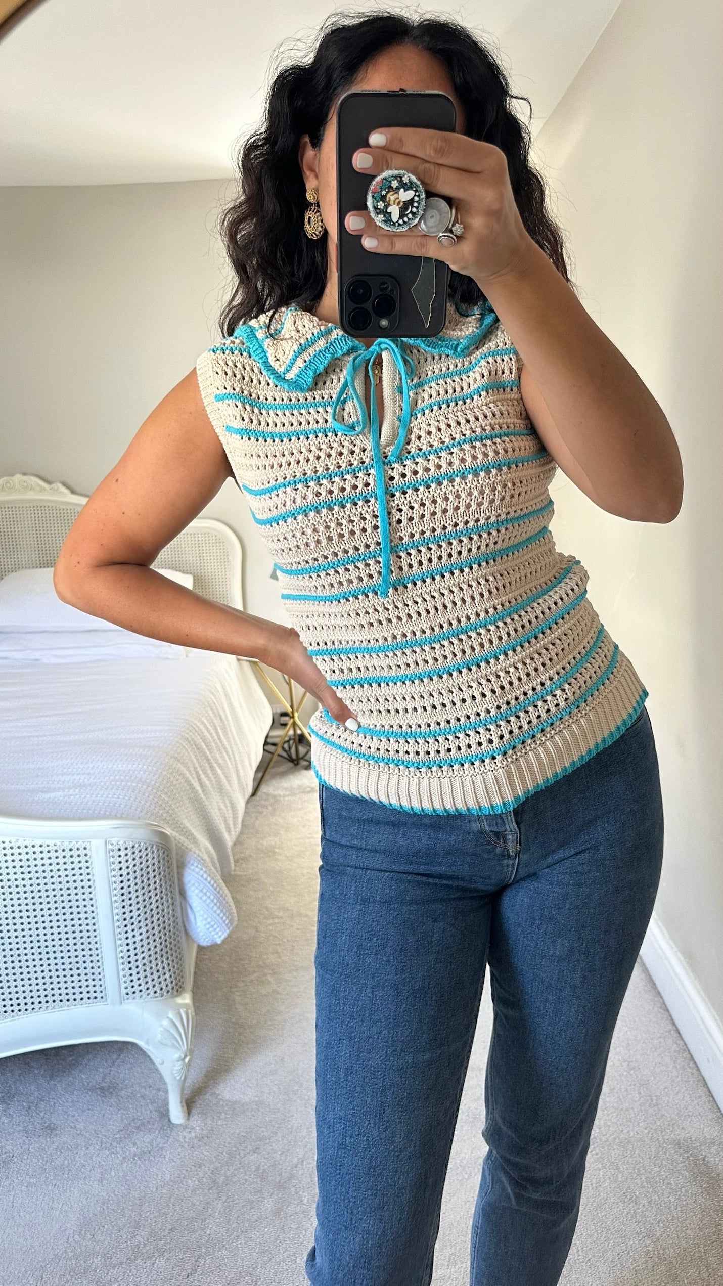 Nobody’s child turquoise cream stripe oversized collar crochet vest top small medium SM 8-10 vgc