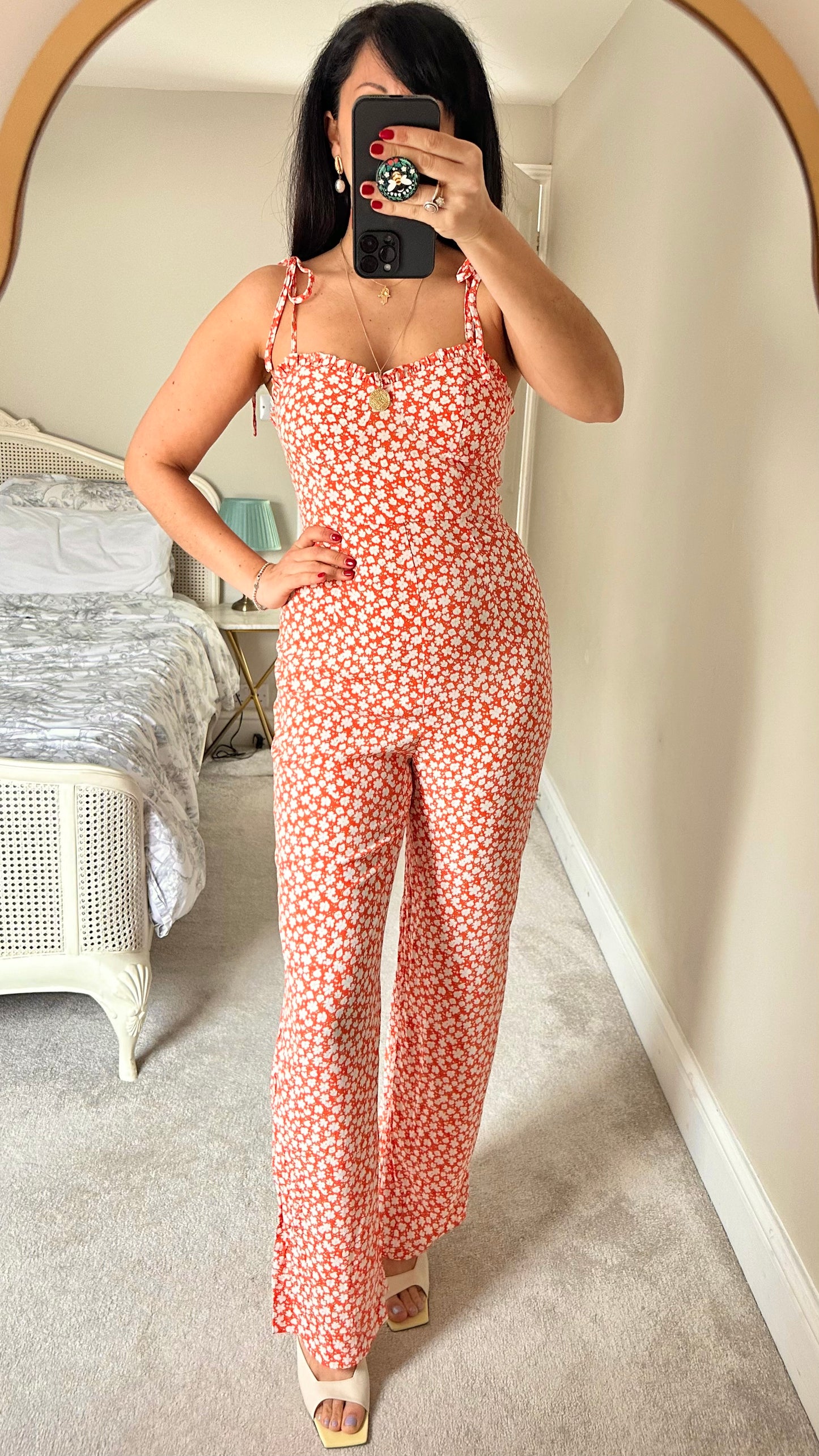 Mango orange white floral jumpsuit trousersuit extra large UK 14 longline holiday vgc