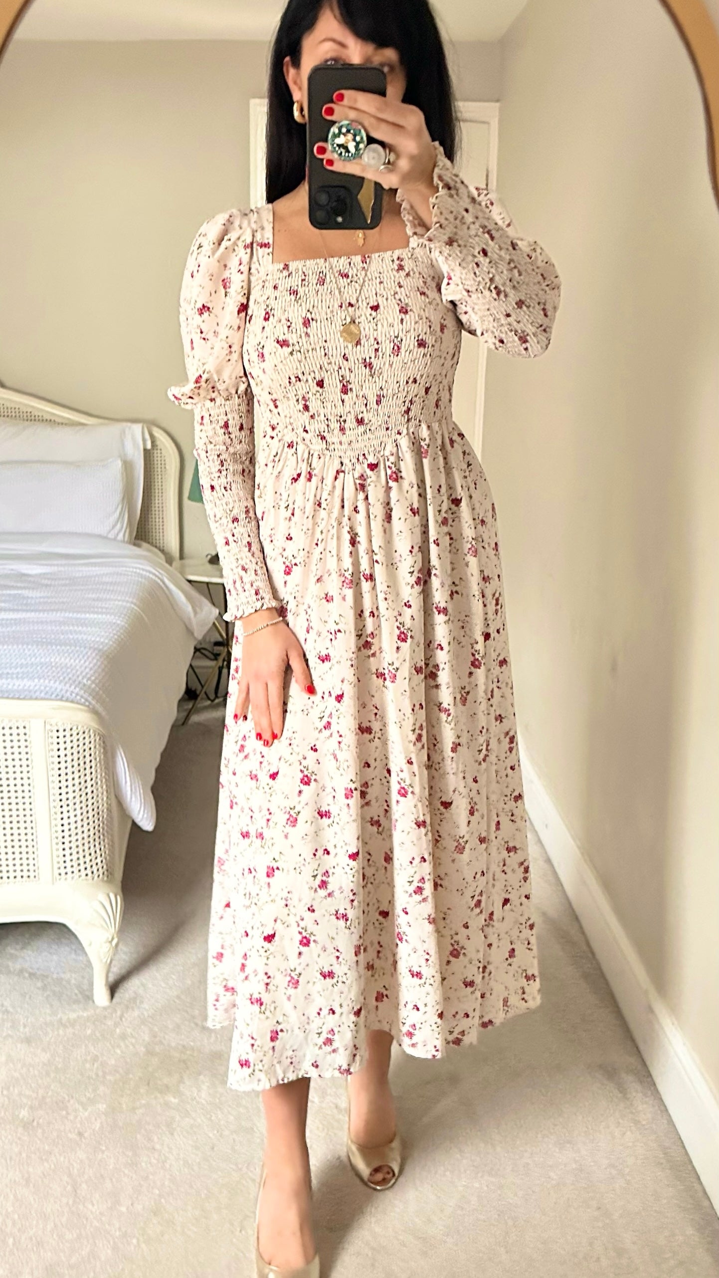 Sister Jane cream burgundy floral ruched body long sleeve maxi dress wedding small S UK 8 10 vgc