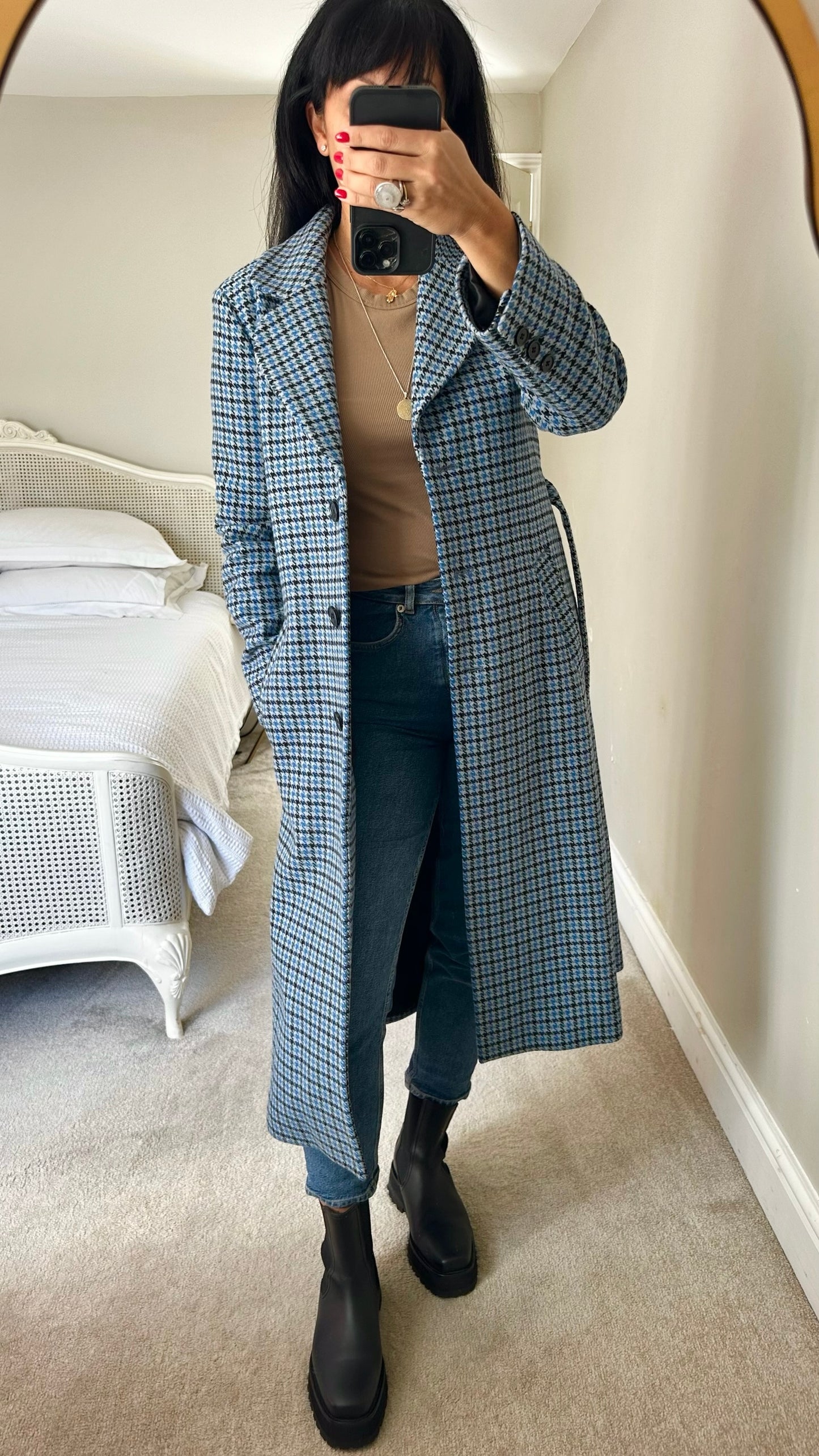 & Other stories light blue gingham check wool blend trench mac style longline coat small S UK 8 excellent used condition