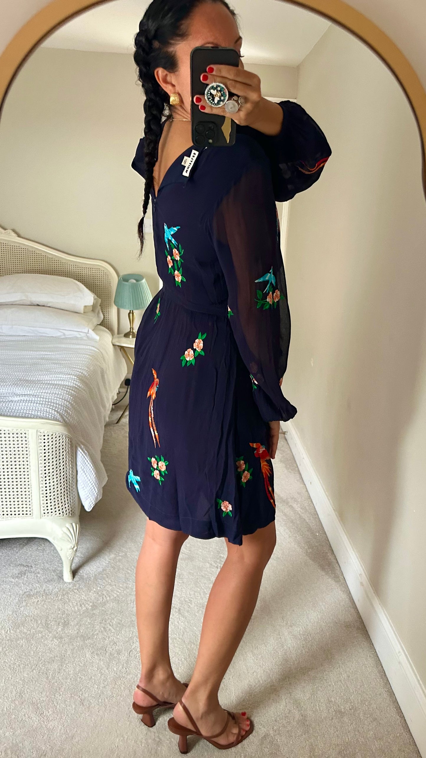 Whistles navy blue bird print embroidered event dress extra large UK 12-14 vgc w25