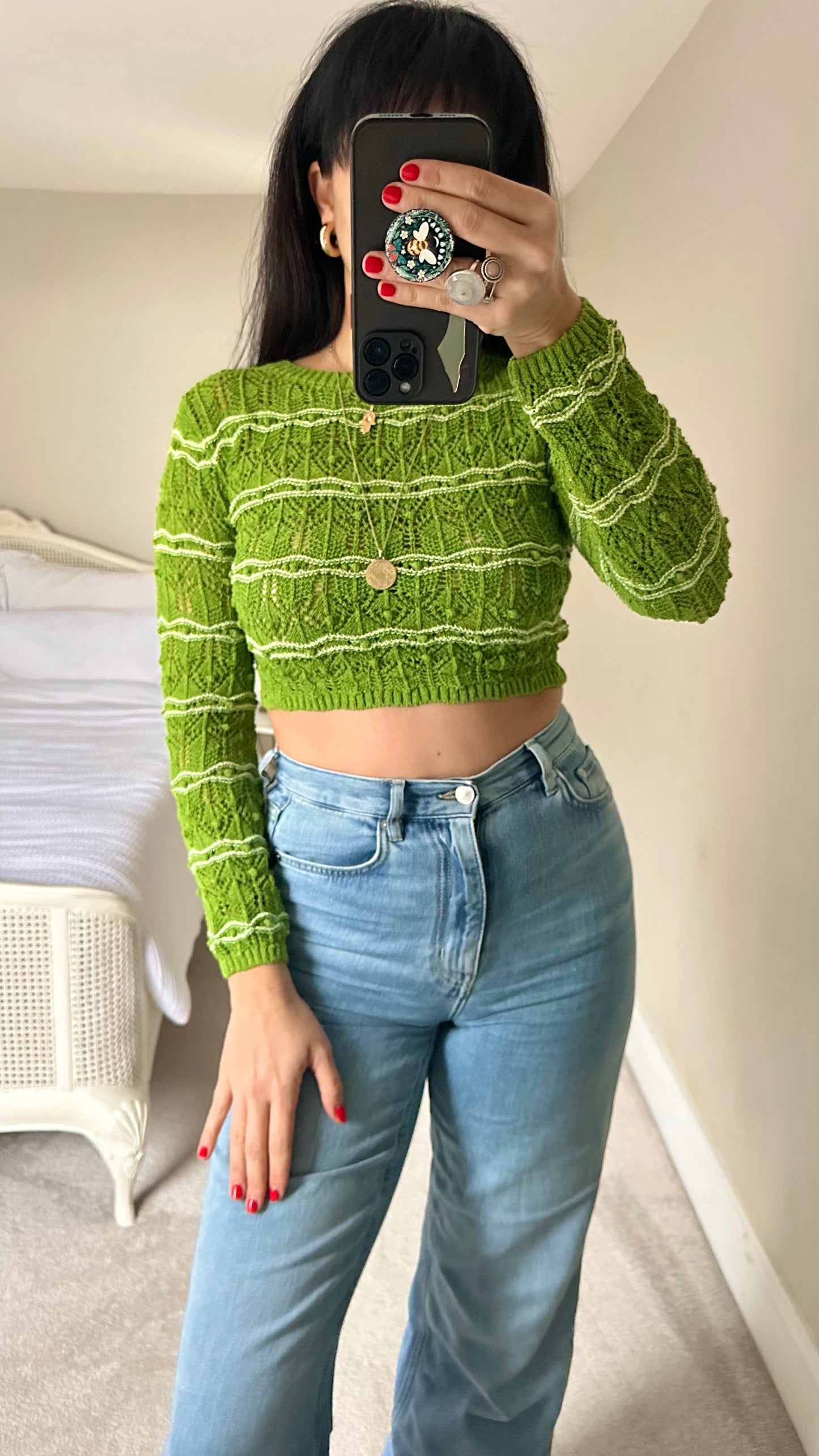Zara bright green crochet knitted jumper cropped small UK 8 vgc