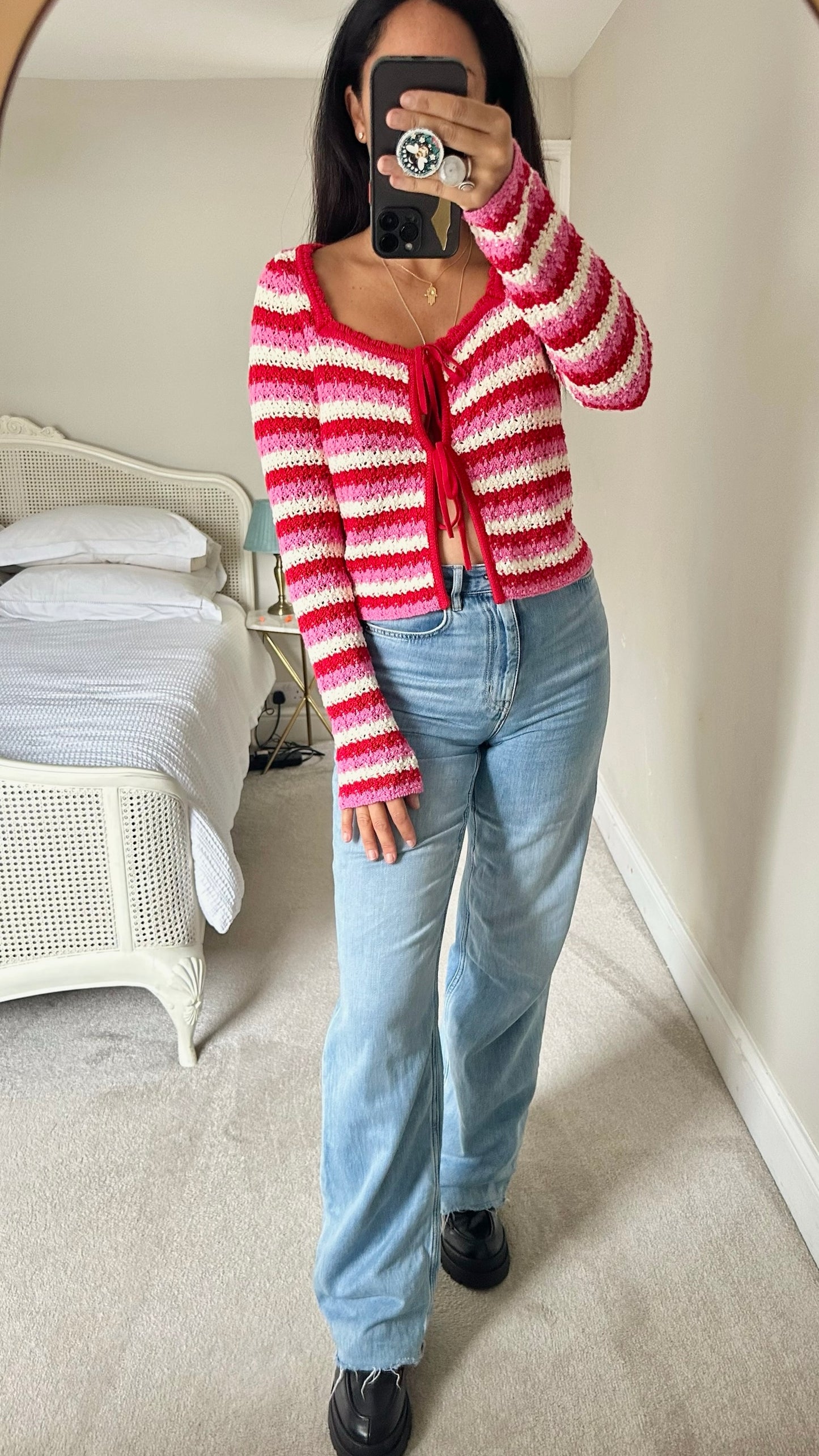 Kitri red pink cream crochet knit cardigan jumper as new condition W25
