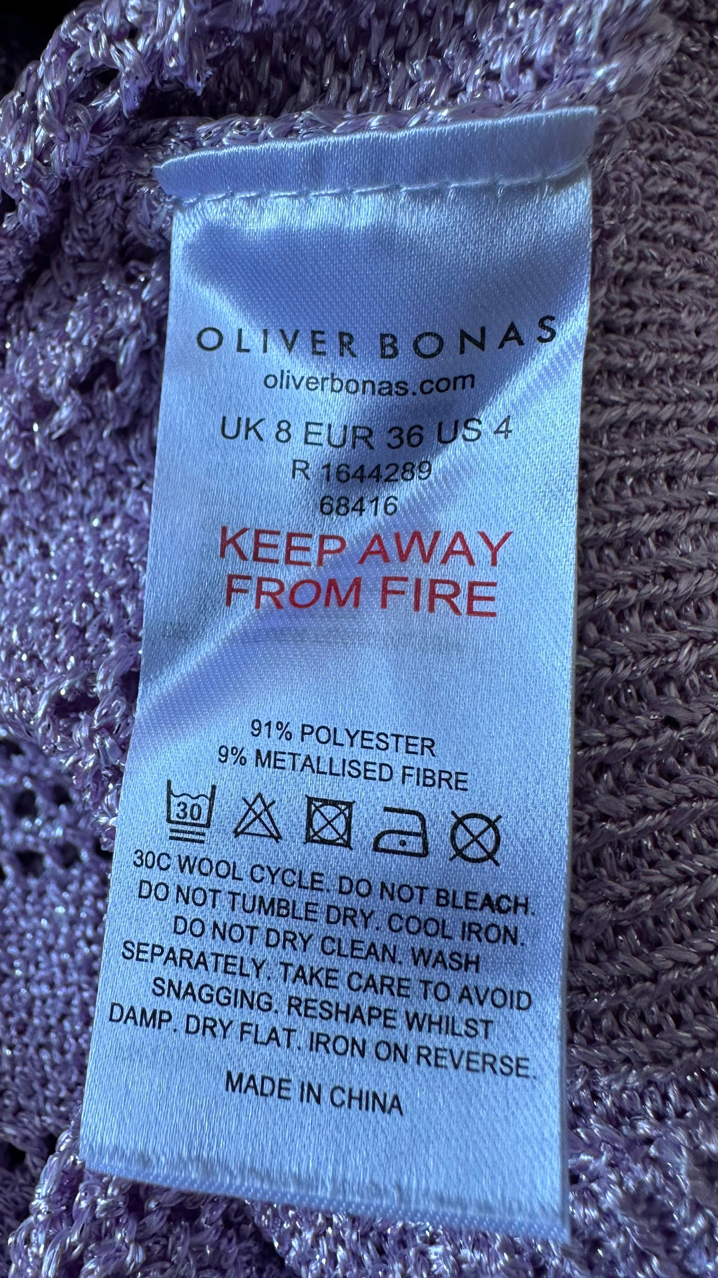 Oliver Bonas lilac shimmer crochet knitted cardigan jumper small UK 8 vgc