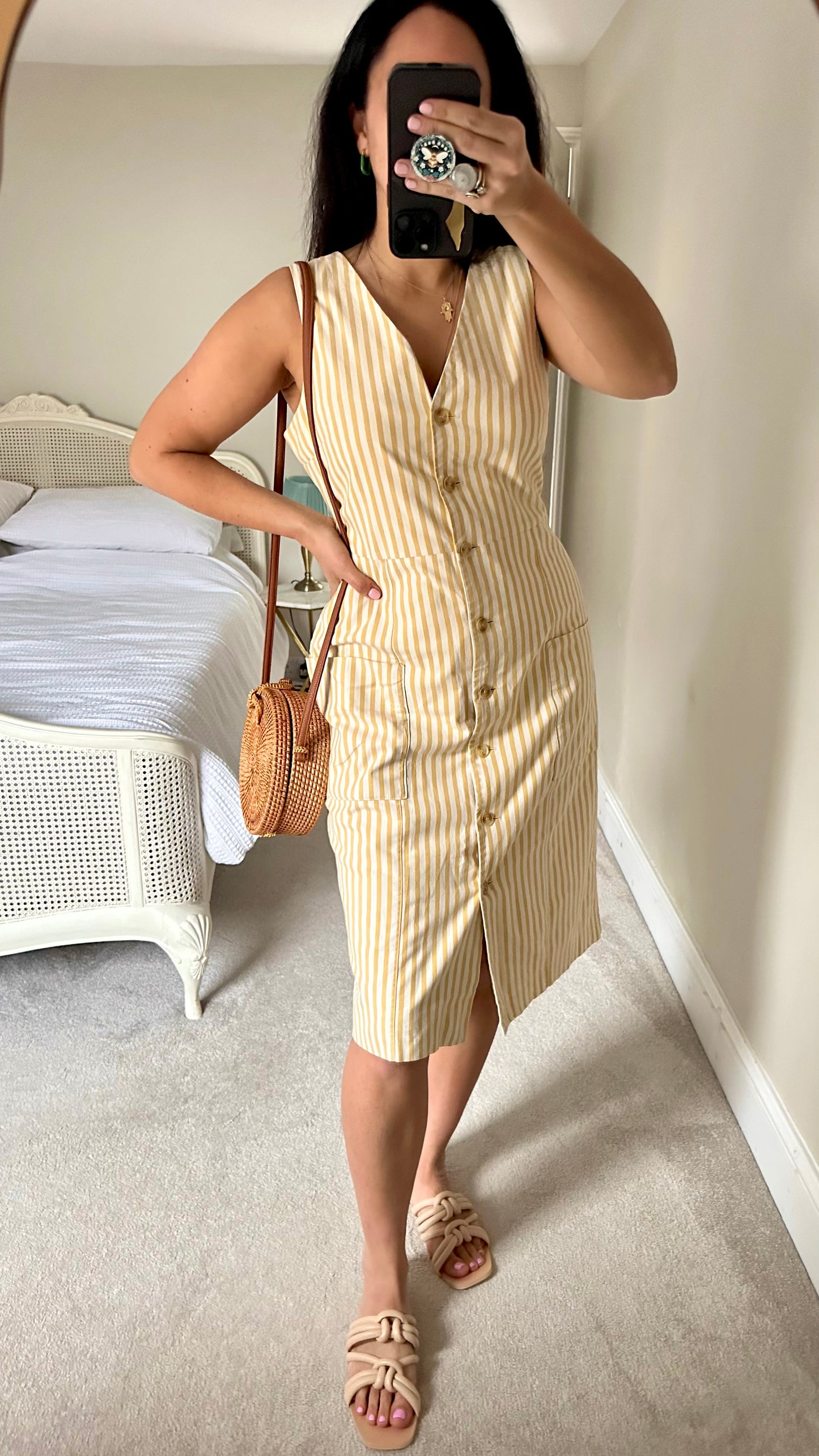 Warehouse mustard yellow white stripe button up midi casual dress length holiday dress extra large UK 12-14 vgc