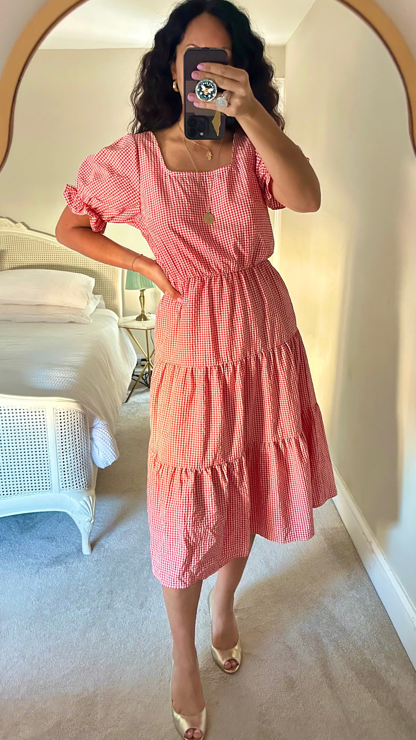 YAS red white gingham check tiered midi long dress medium UK 10 vgc