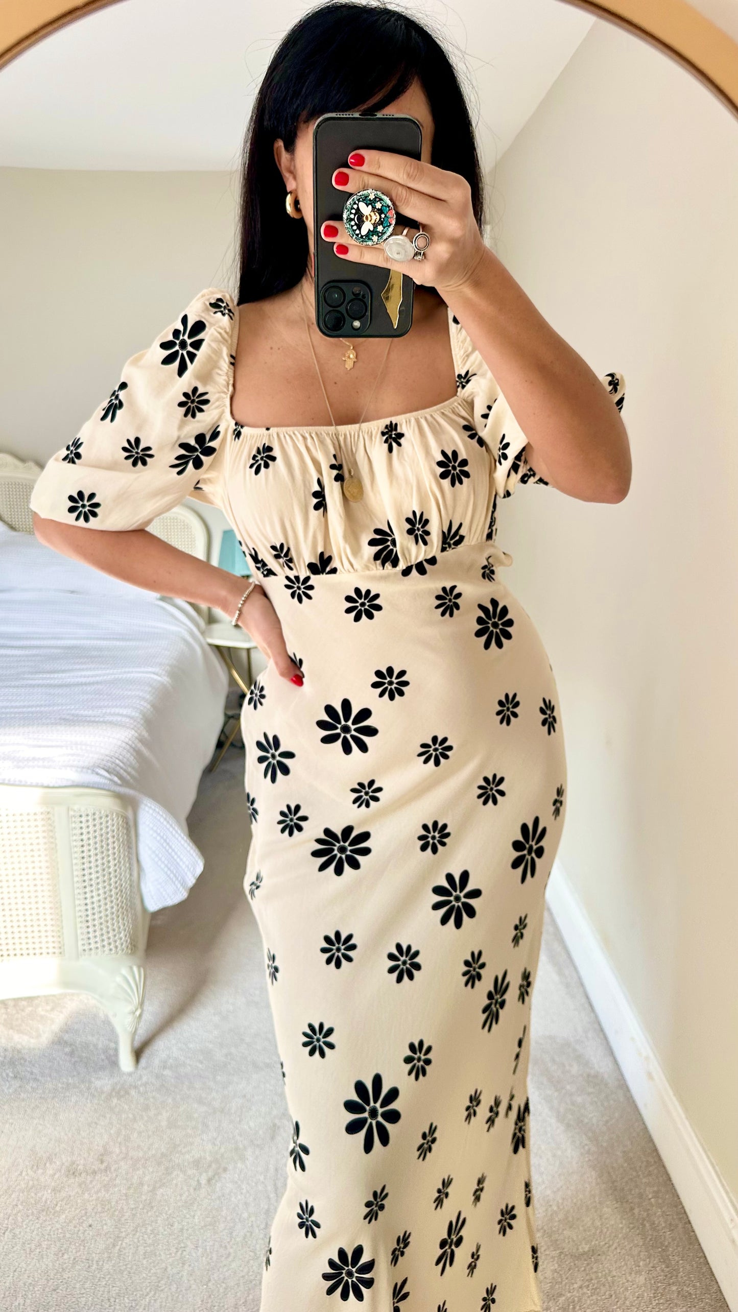 ASOS Tall cream black daisy maxi long dress small extra large UK 8 14 vgc wedding guest