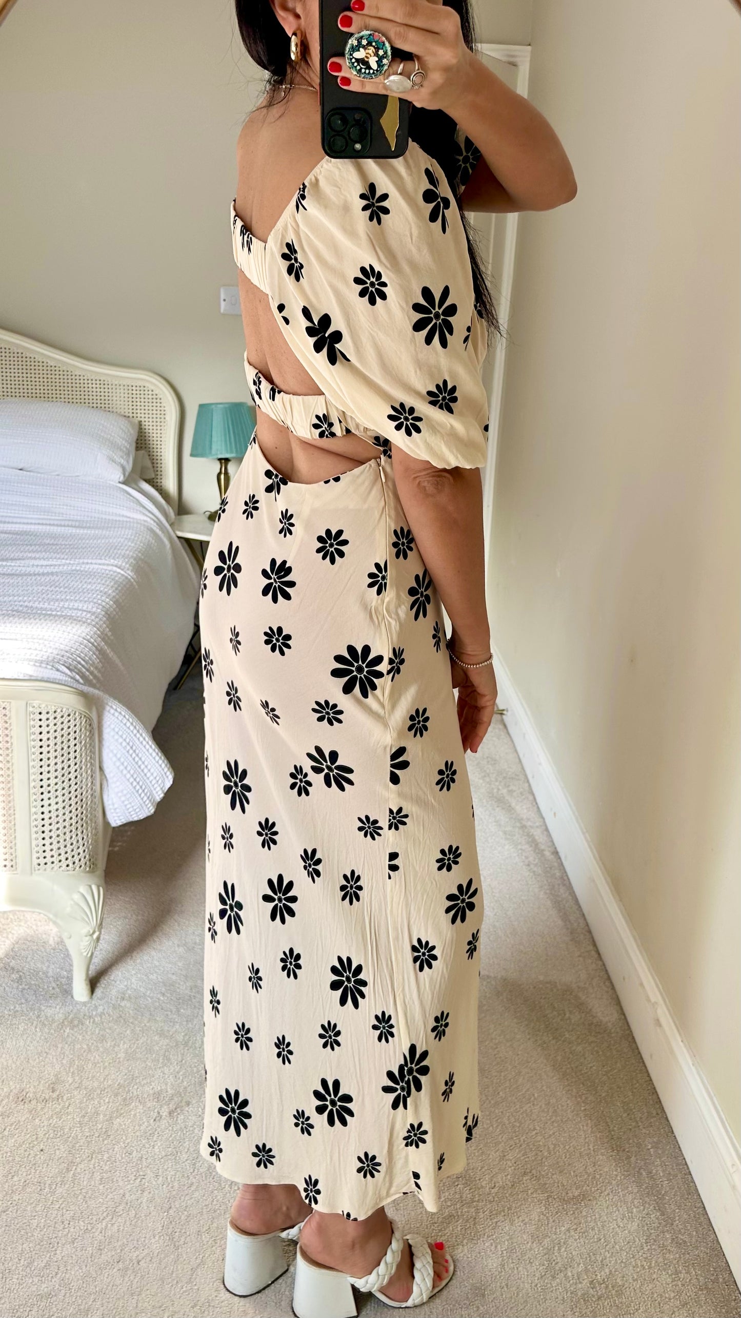 ASOS Tall cream black daisy maxi long dress small extra large UK 8 14 vgc wedding guest