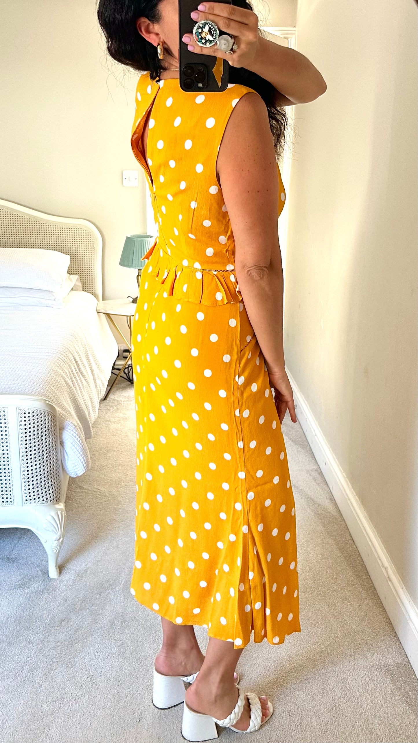 Warehouse mustard yellow white polka dot midi event dress medium large UK 10-12 vgc