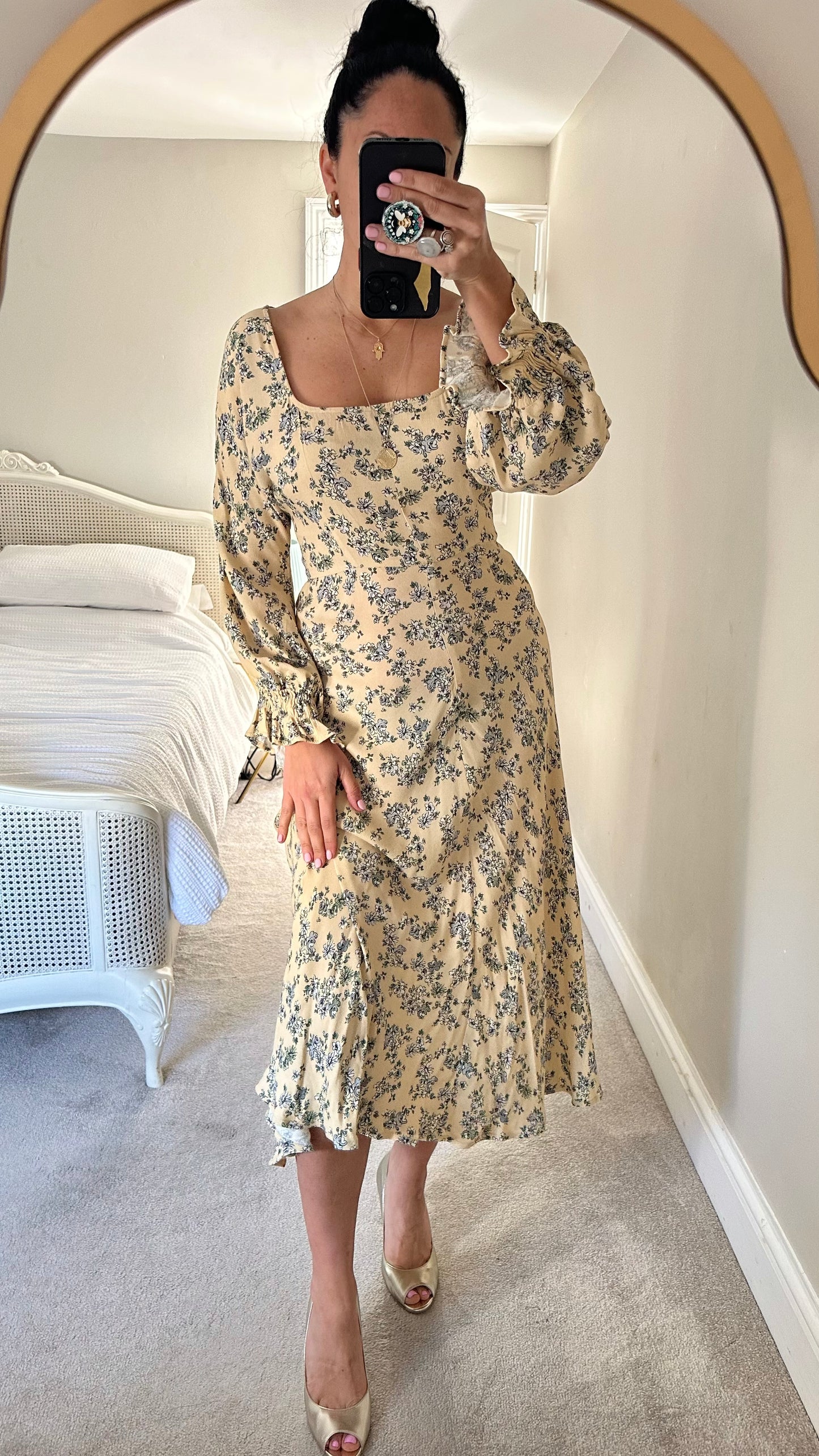 Ghost butter yellow blue grey floral event wedding guest dress extra large UK 14 vgc