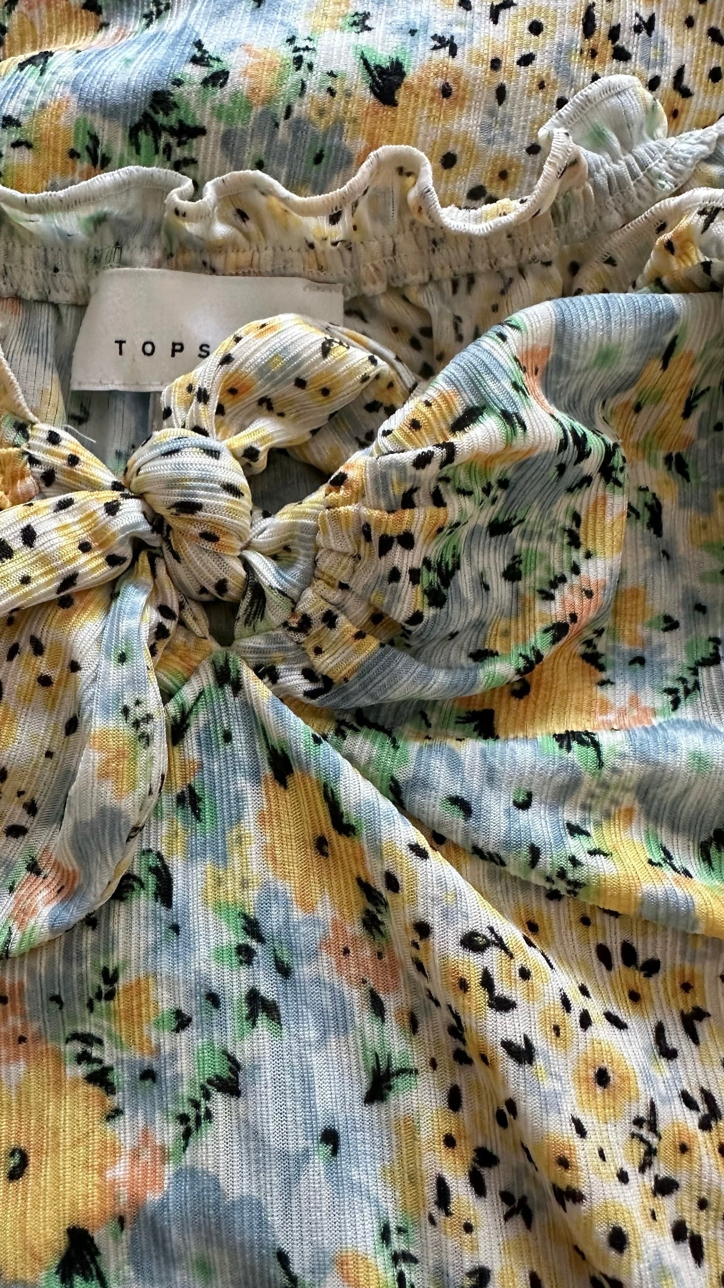 Topshop cream blue green floral print tie bust mini dress medium M UK 10 vgc