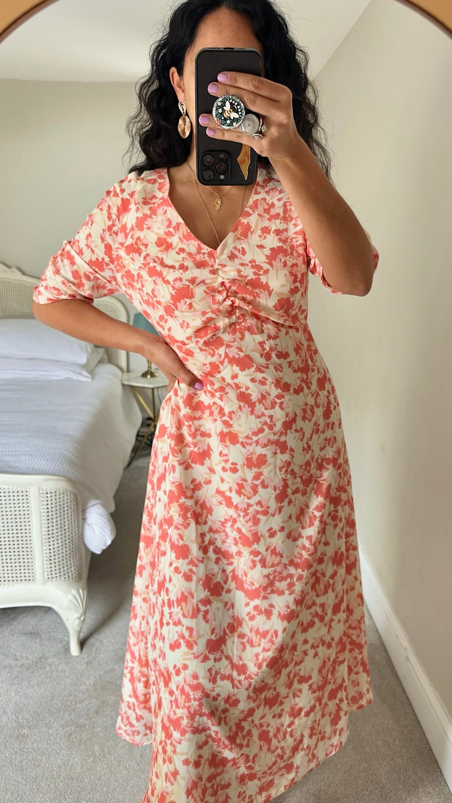 Iris & Ink @ Net-a-Porter coral apricot cream leaf print maxi dress wedding large L UK 12 vgc