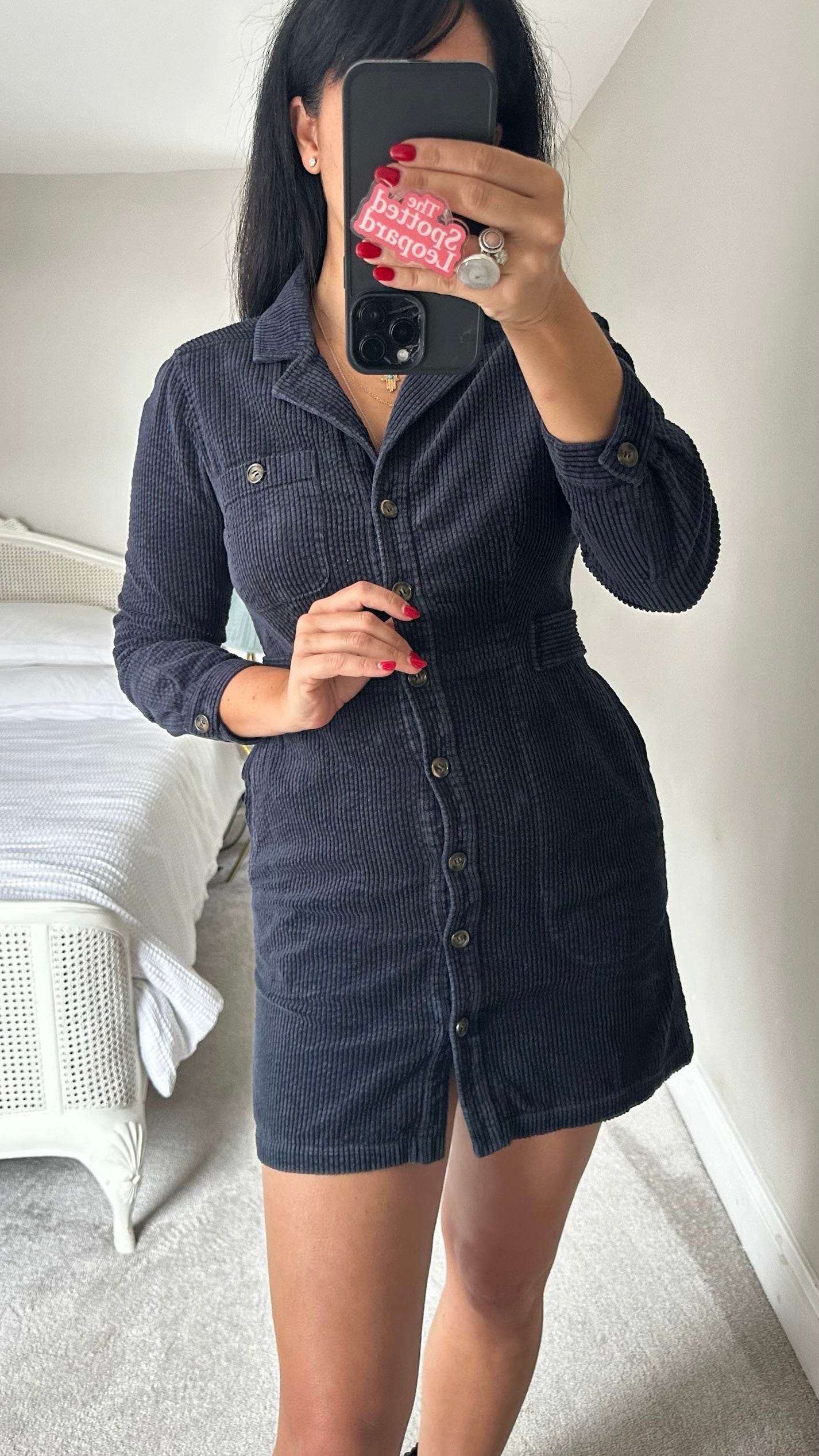 & other stories black blue corduroy petite button up mini dress UK 10 vgc