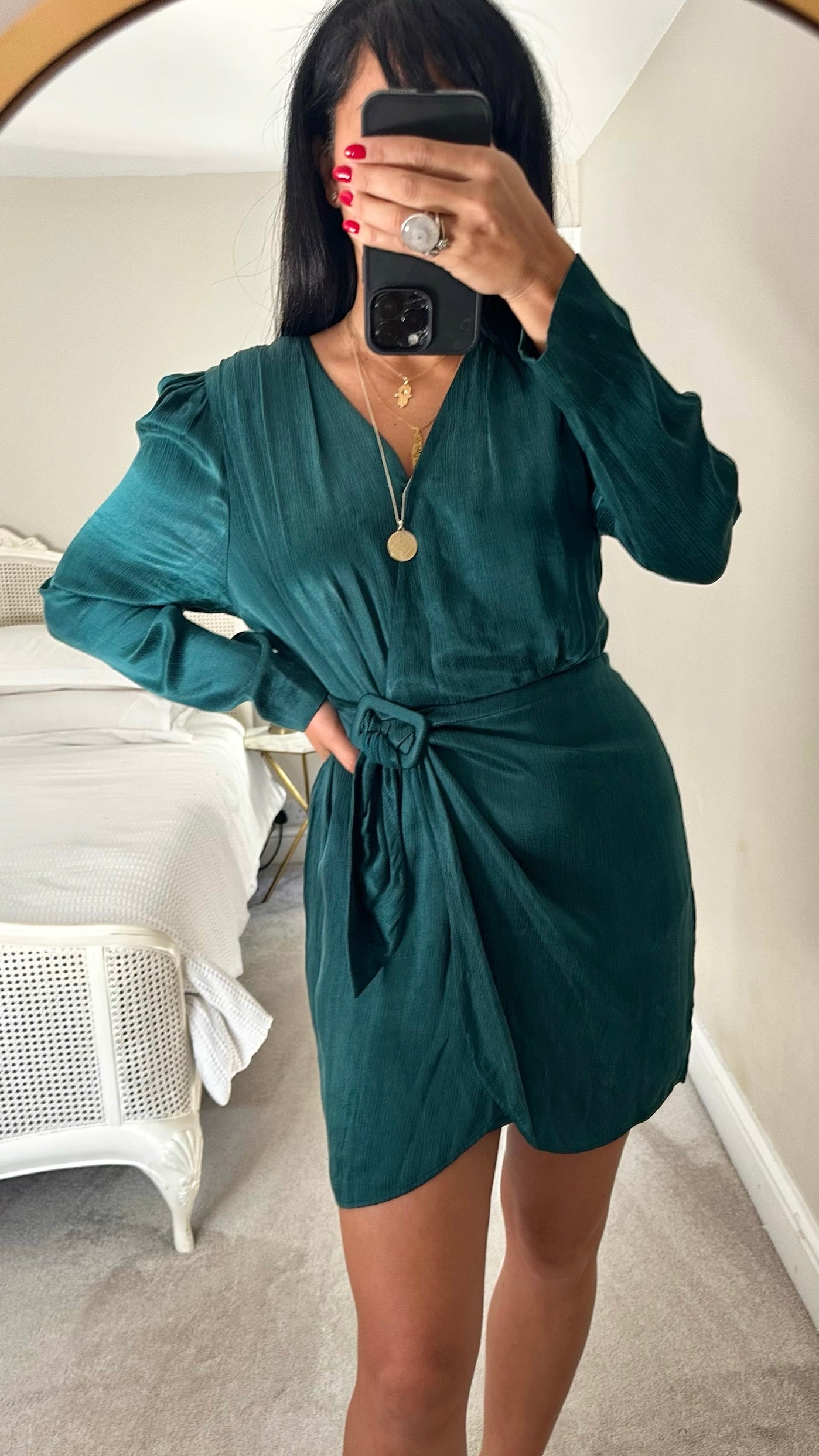 & other stories teal satin wrap mini event dress large UK 12 vgc