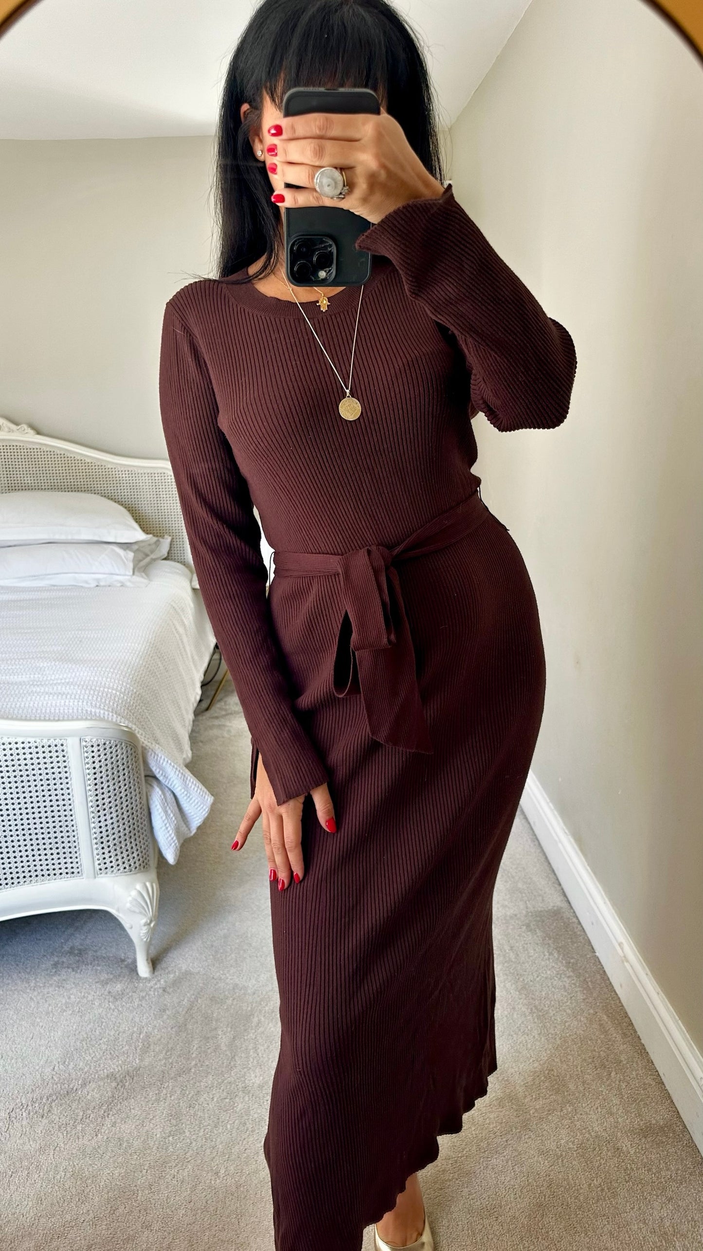 Forever new chocolate brown knitted ribbed midi jumper dress extra large XL UK 14