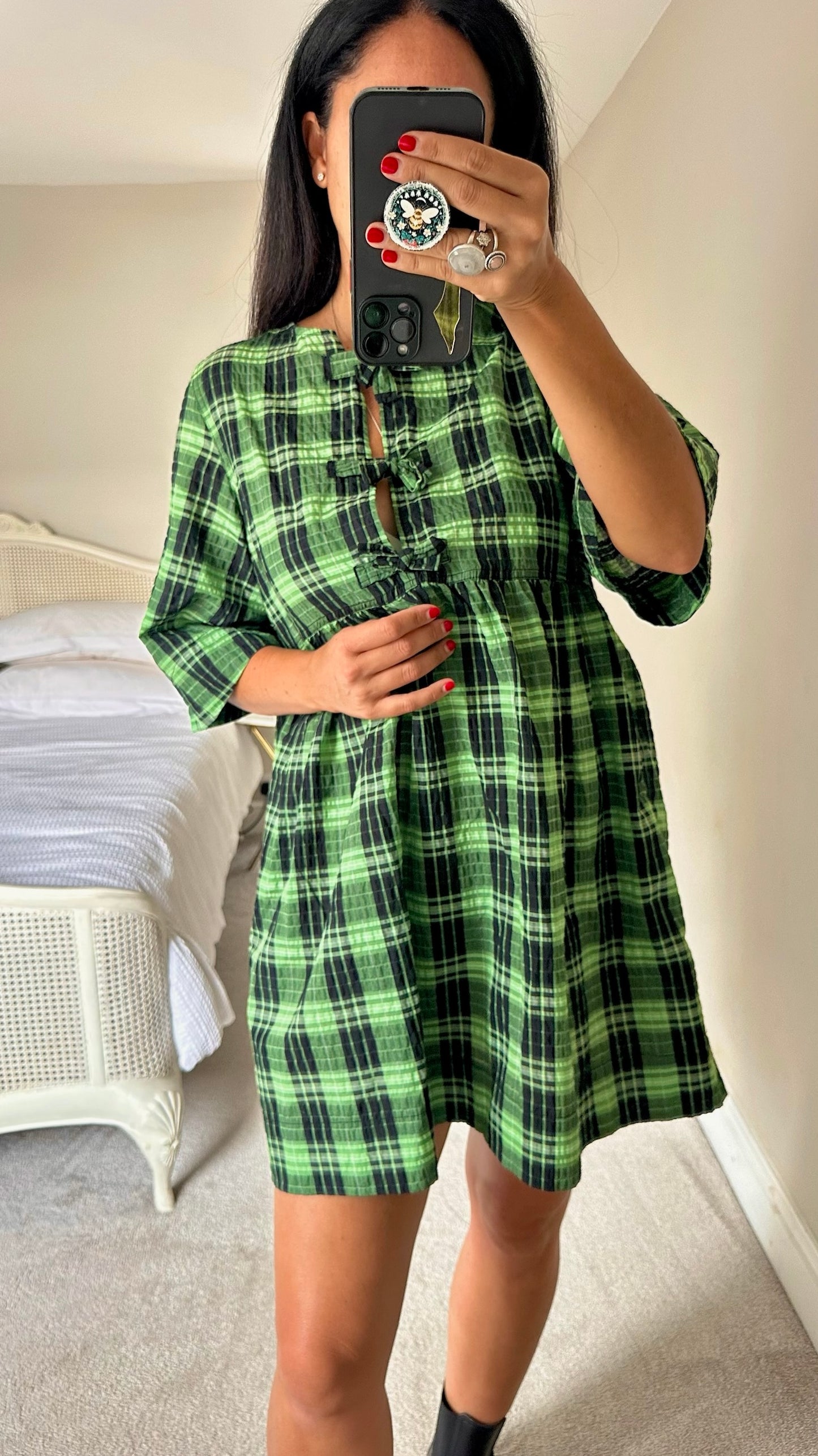 Ganni green black check bow tie front mini dress small UK 8 vgc w25