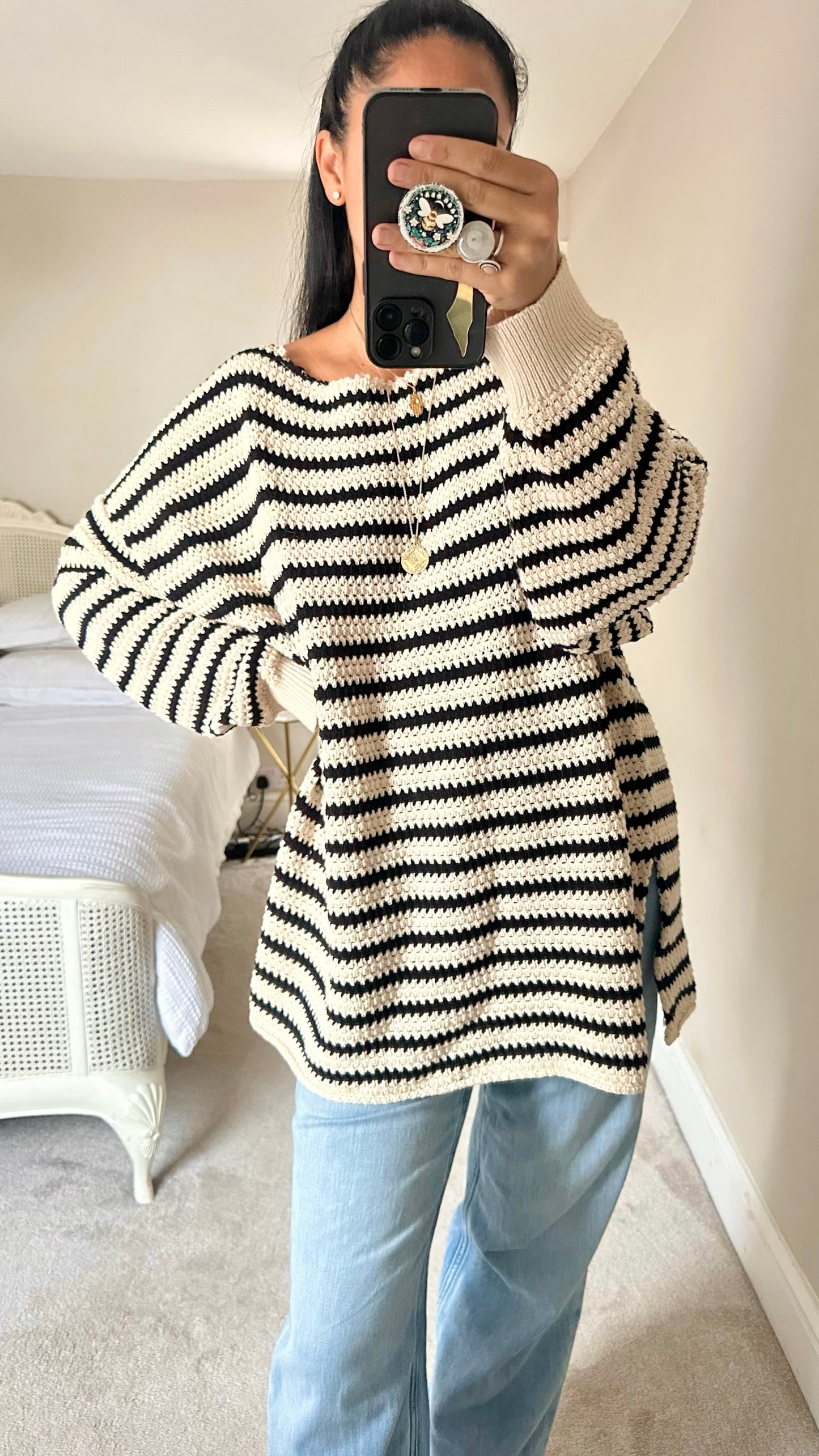 Zara cream black stripe crotchet knit longline jumper dress XL extra large UK 14 vgc W25