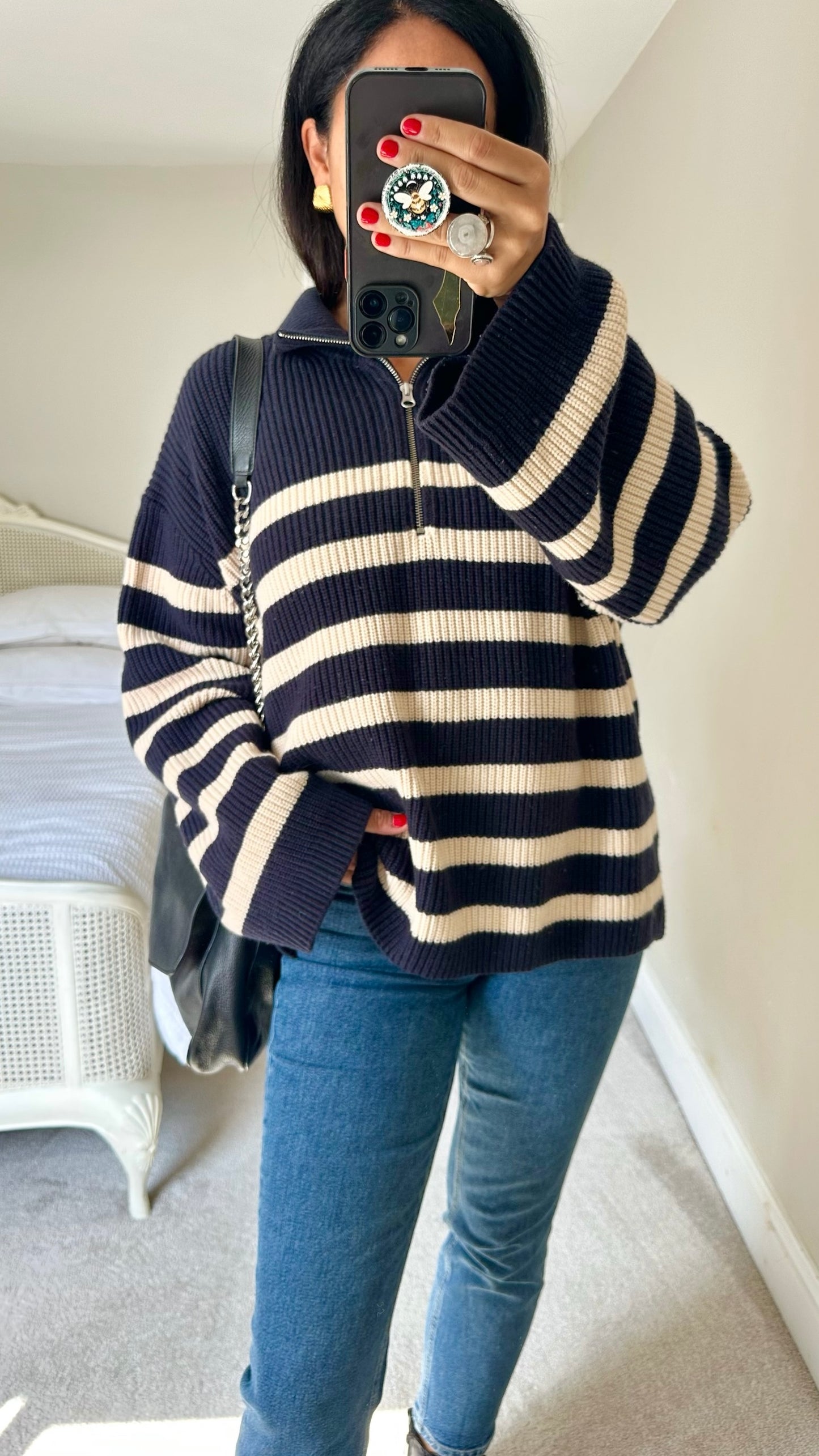 & other stories navy blue beige stripe knitted jumper large UK 12 vgc w25