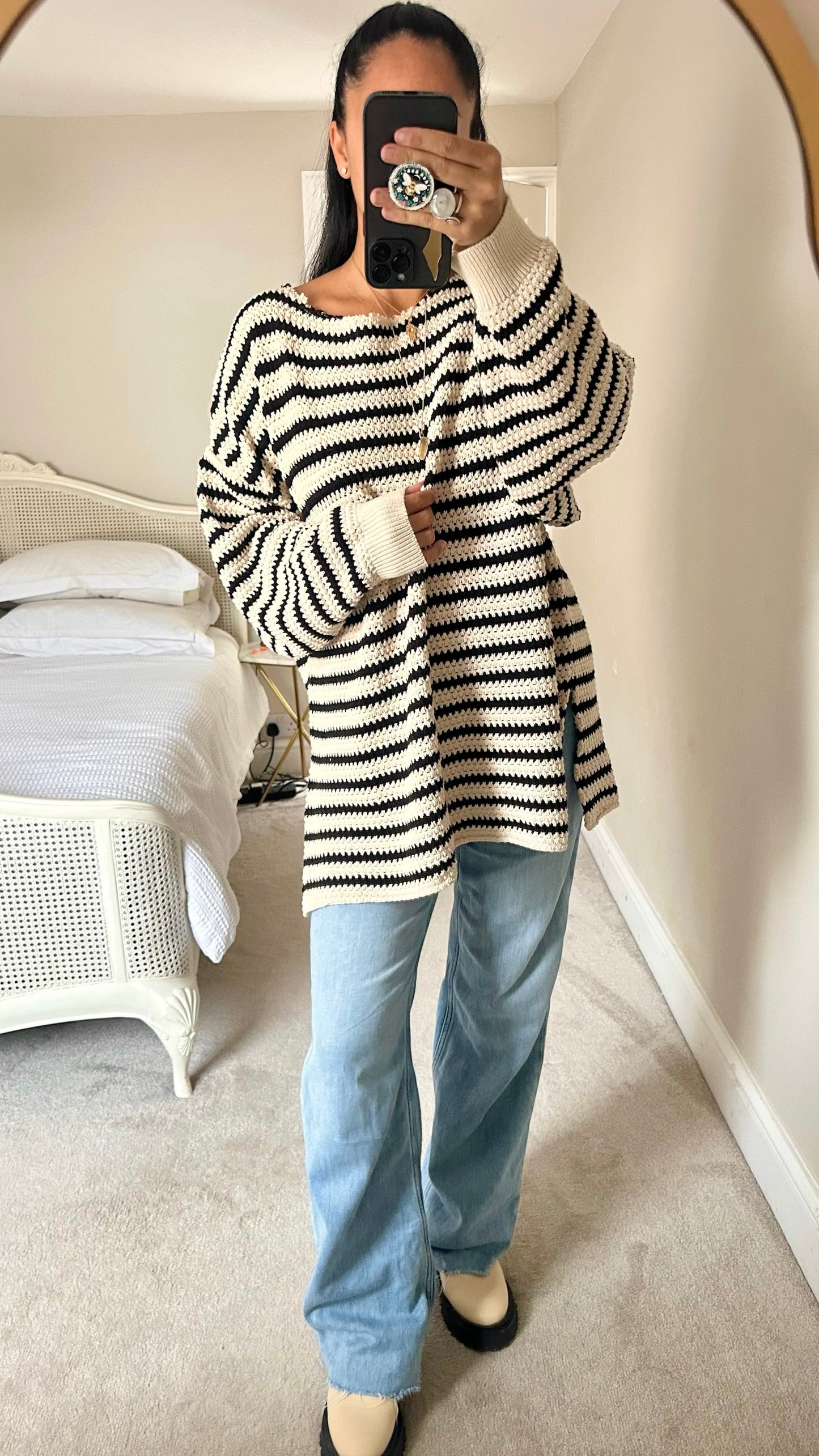 Zara cream black stripe crotchet knit longline jumper dress XL extra large UK 14 vgc W25