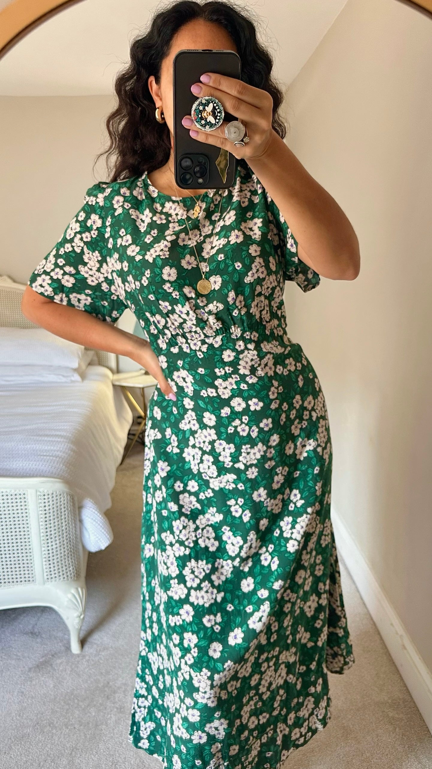 Nobody’s child dark green white floral print open back midi dress wedding guest extra large XL UK 14 vgc