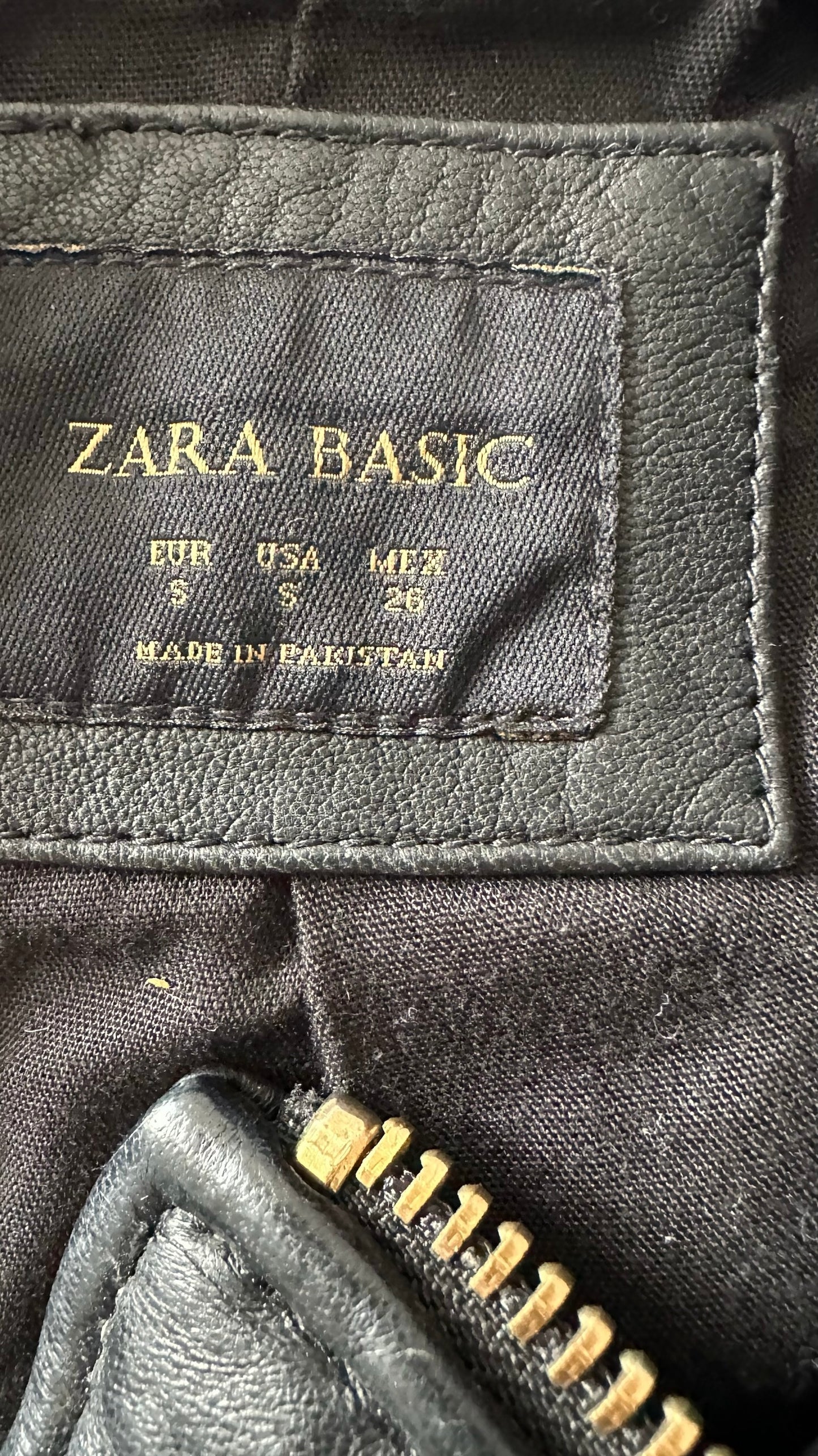 Zara black real leather zip up jacket small S UK 8 vgc