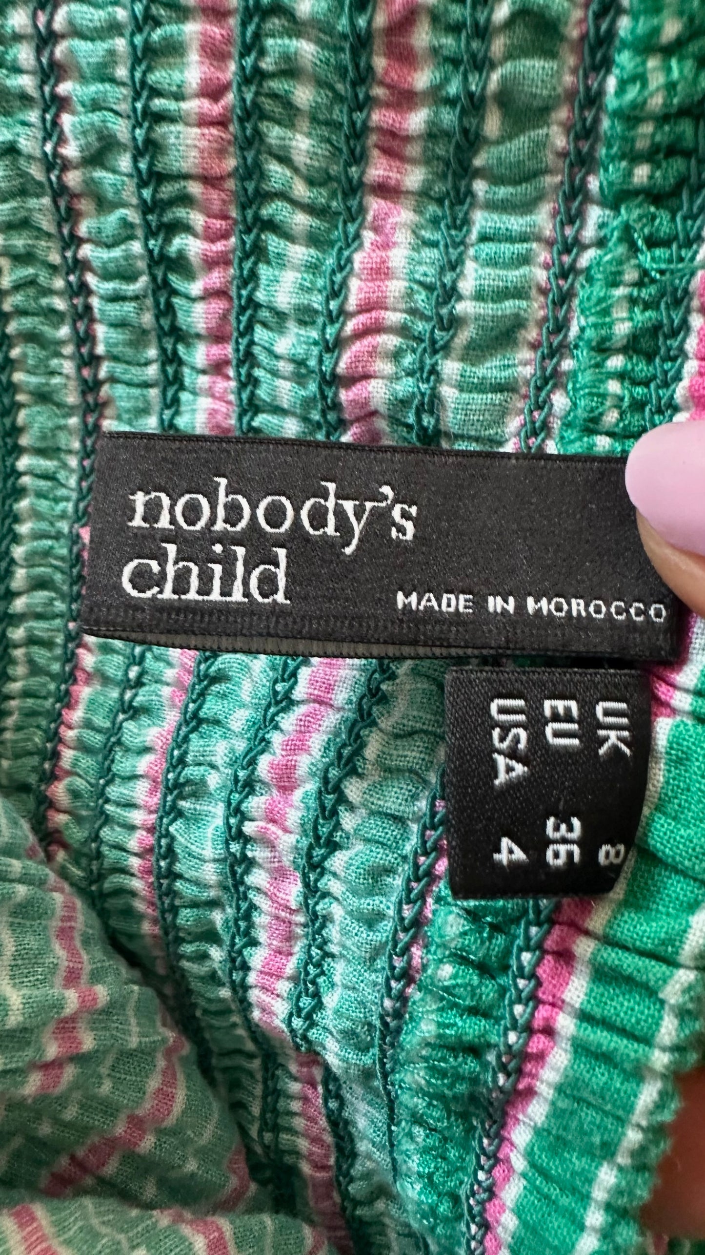 Nobody’s child green pink stripe shirred bust midi dress small S UK 8 vgc