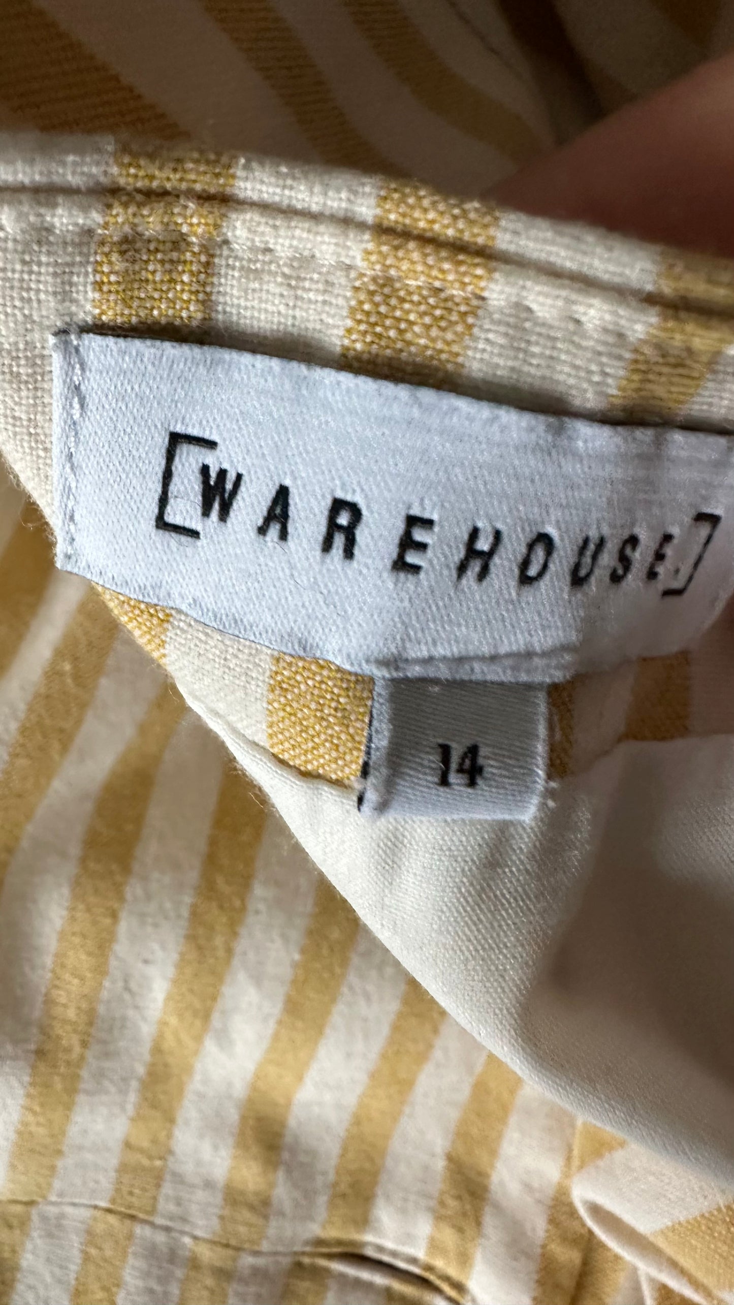 Warehouse mustard yellow white stripe button up midi casual dress length holiday dress extra large UK 12-14 vgc