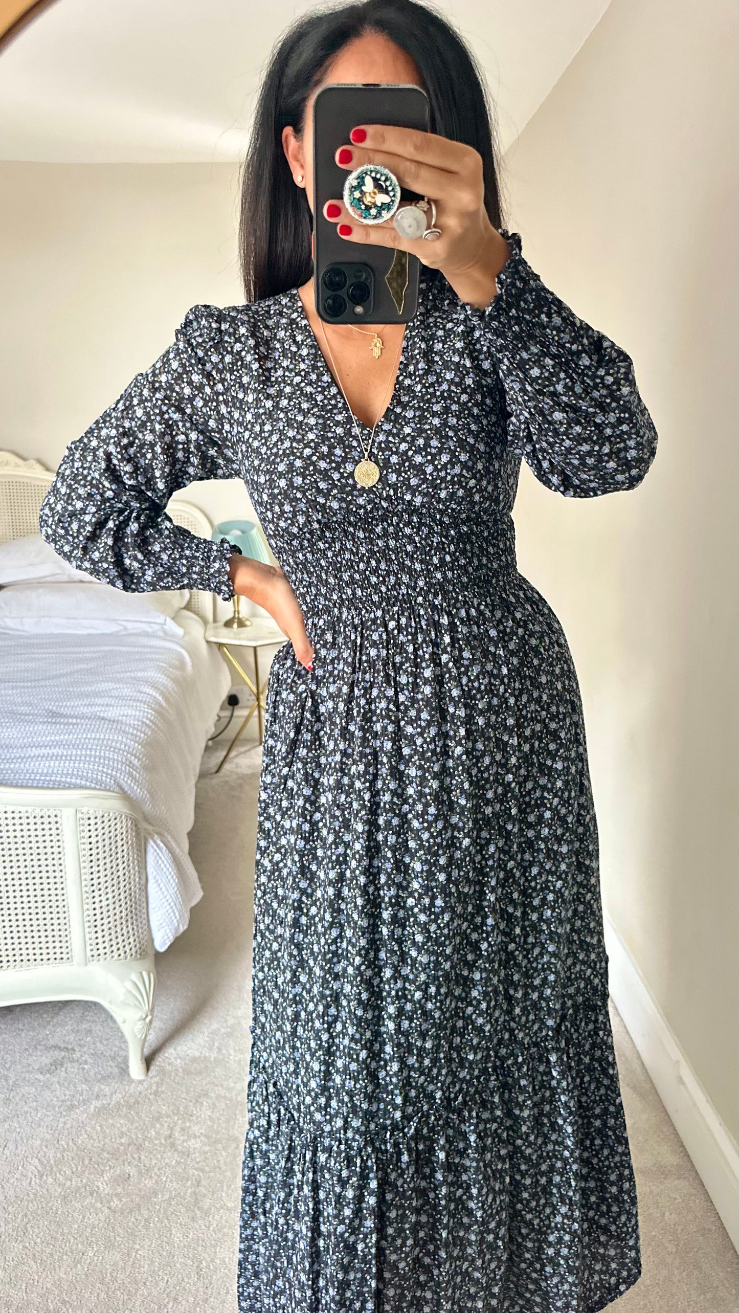 & other stories black blue floral prairie maxi midi long dress small UK 6 8 vgc w25