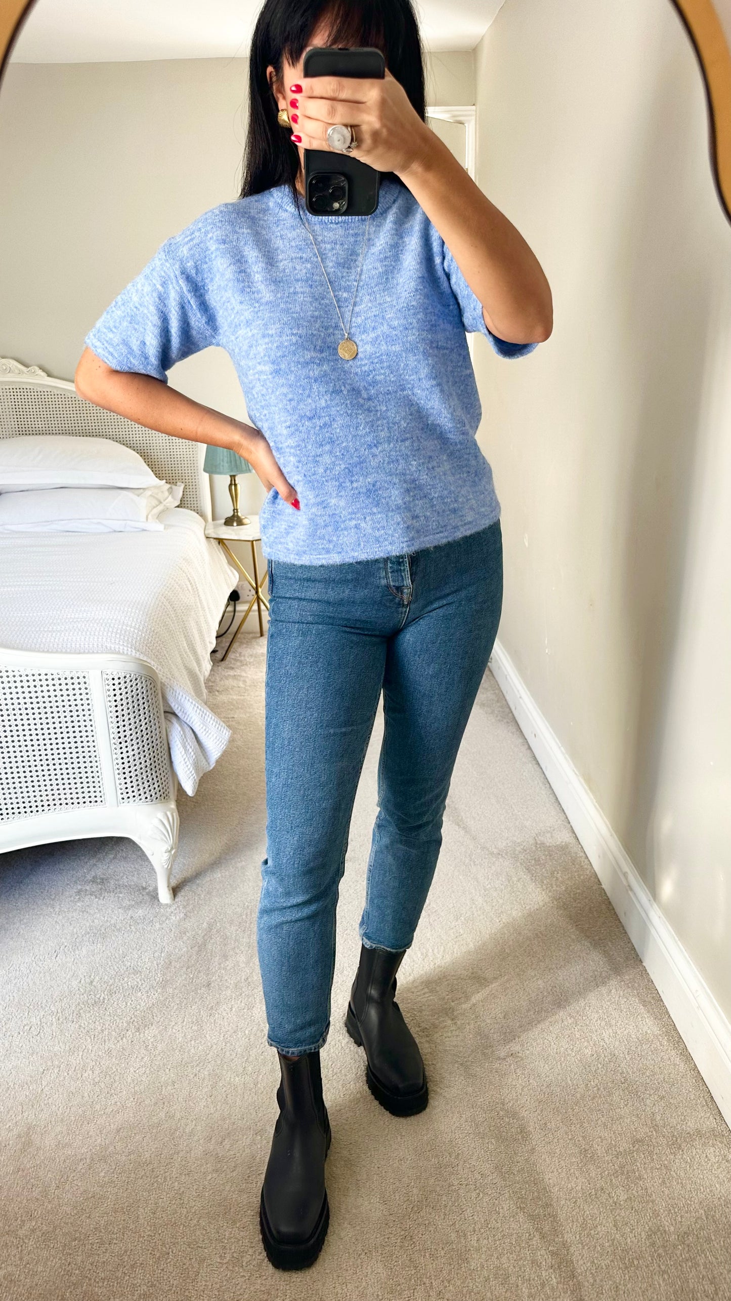Selected femme @Anthropologie light blue merino wool blend short sleeve knitted jumper small S UK 8 NWT