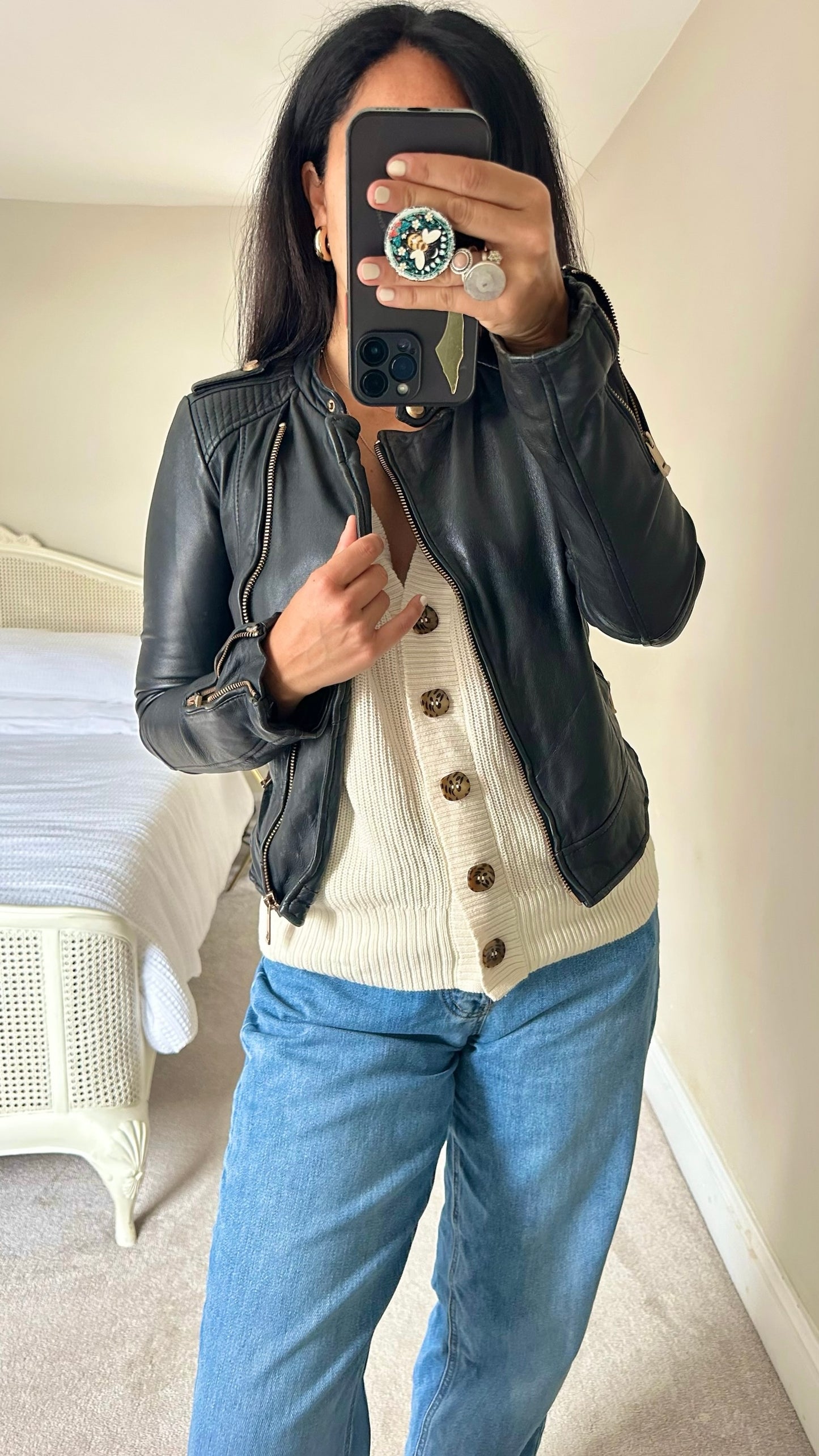 Zara black real leather zip up jacket small S UK 8 vgc