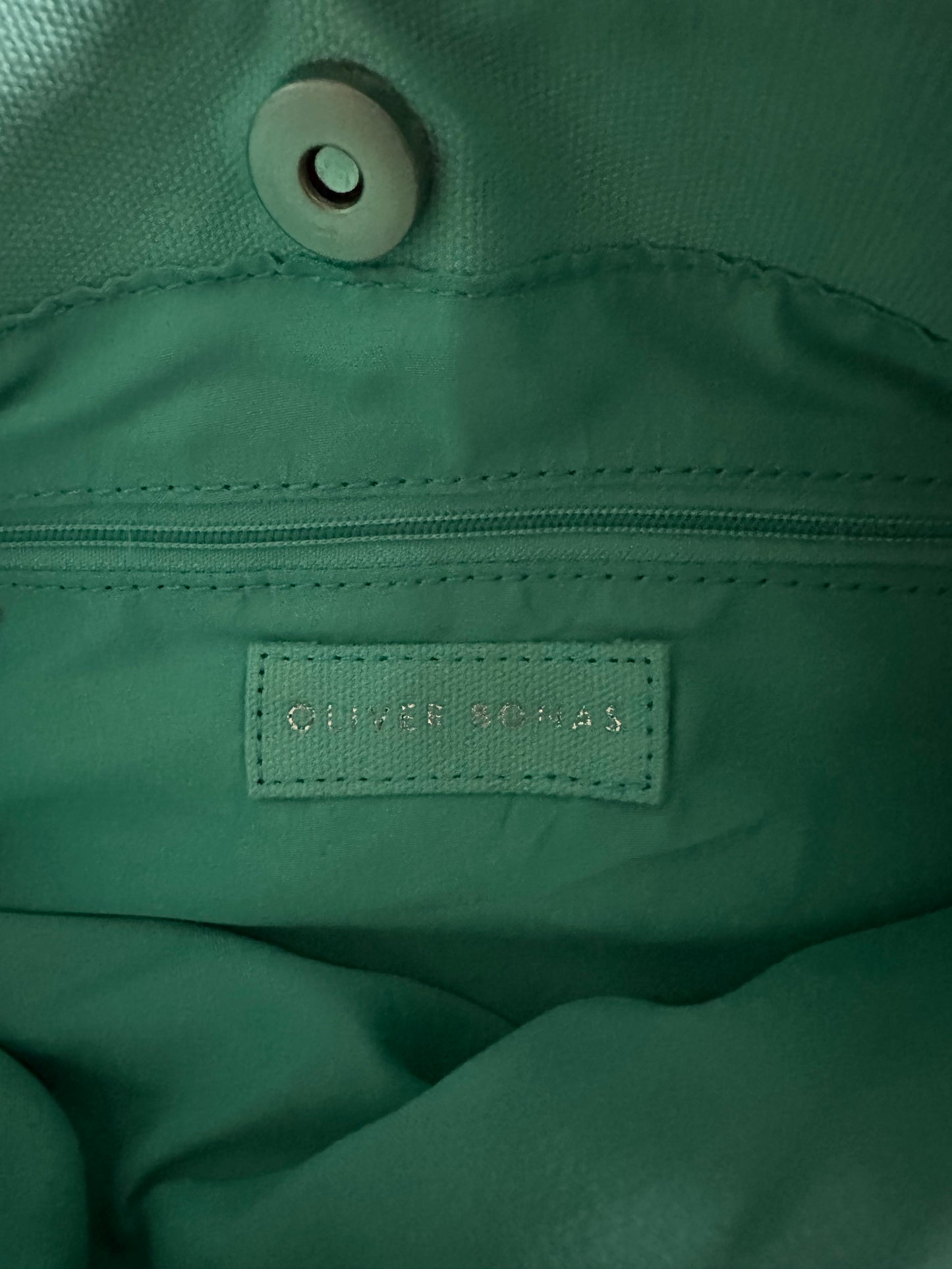 Oliver Bonas green purple tan tassel beach bag holiday handbag large tote vgc