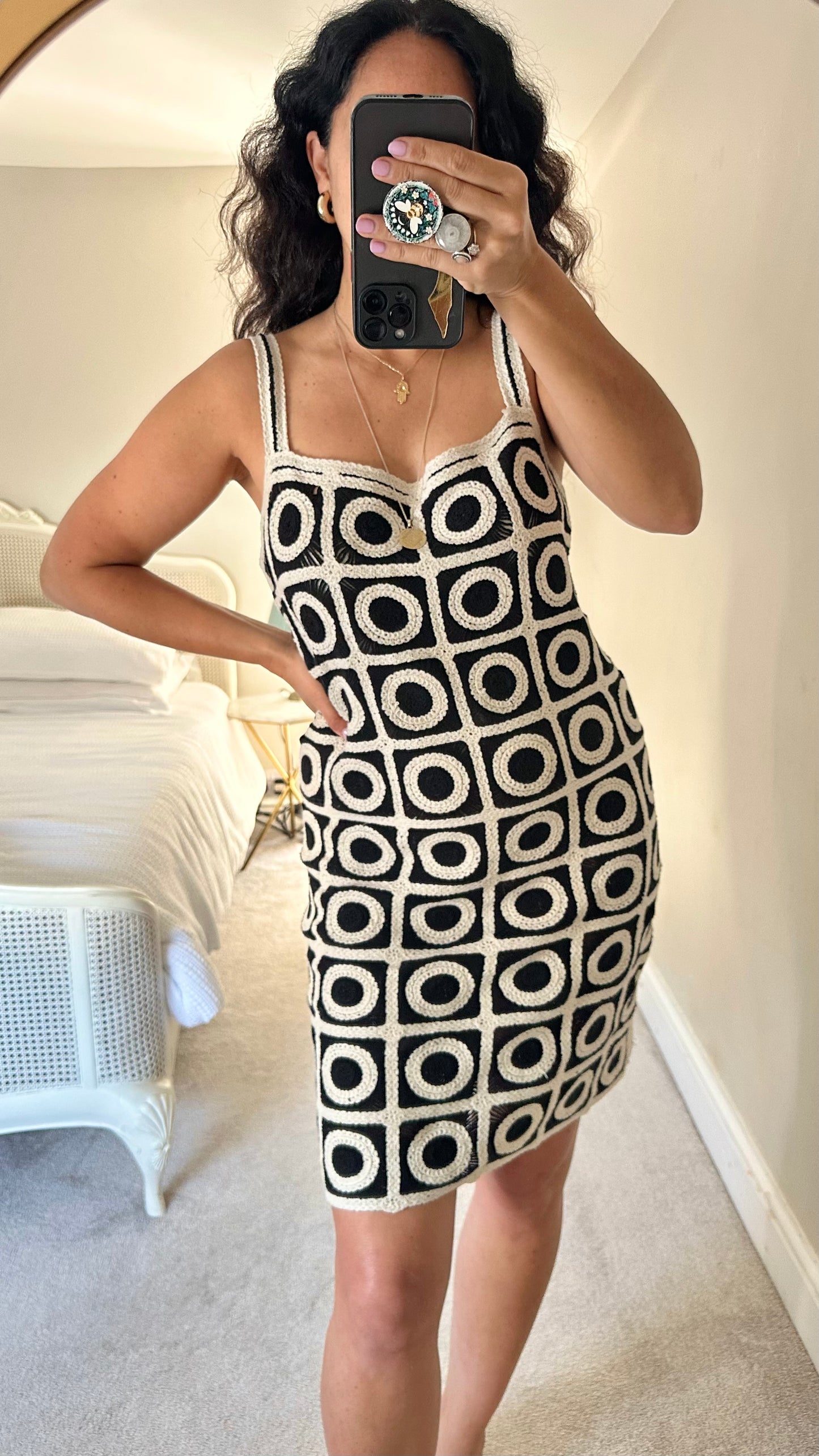 River Island black cream crochet mini holiday dress small medium UK 8 10 12 vgc