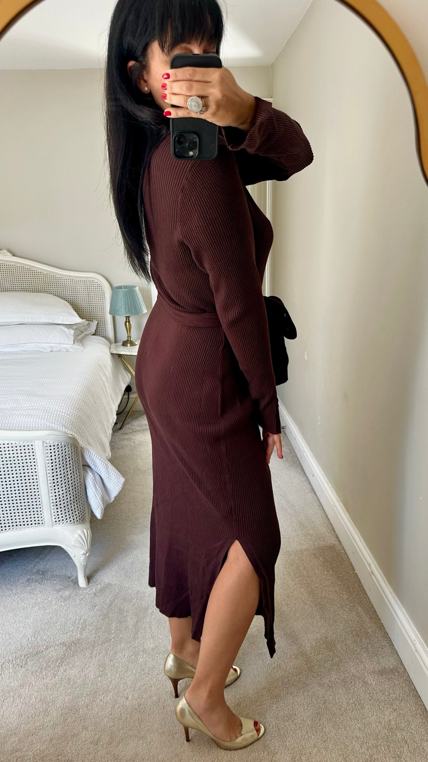 Forever new chocolate brown knitted ribbed midi jumper dress extra large XL UK 14