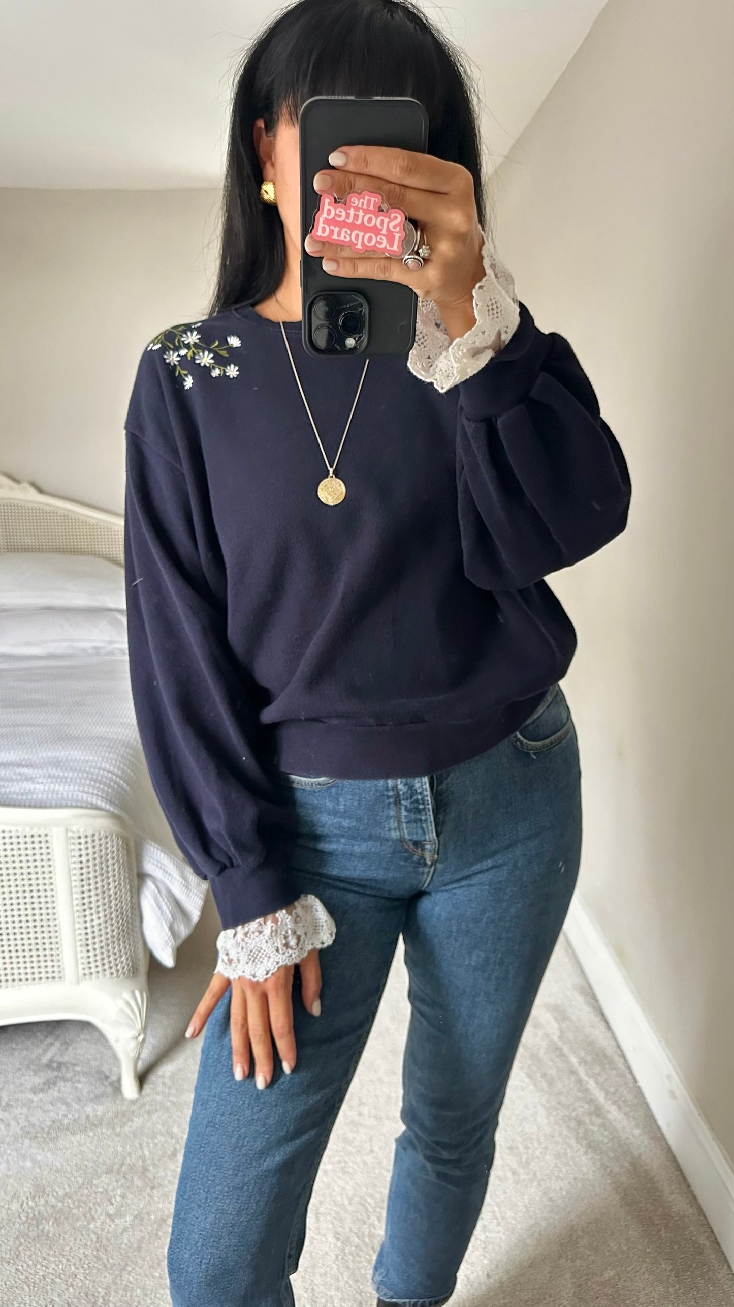 Olive navy blue floral embroidered lace jumper sweater large L UK 12 excellent used condition