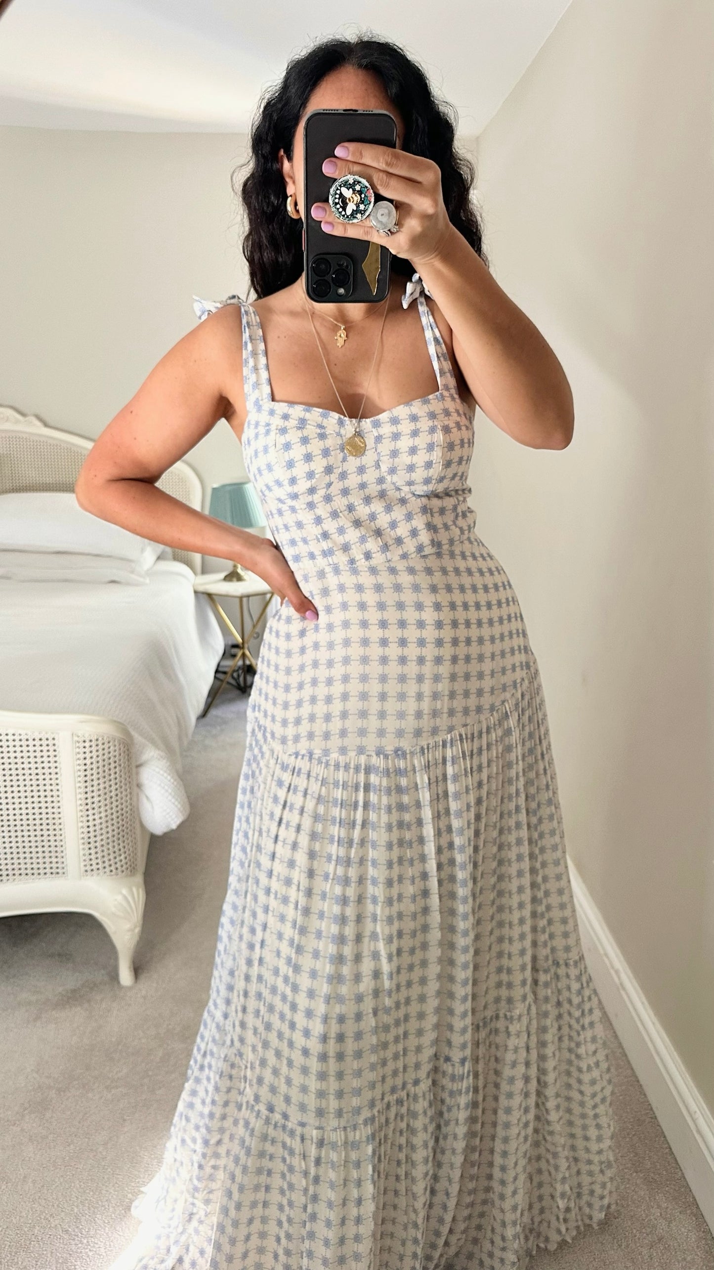 By Malina @Harvey Nichols cream blue print tiered maxi dress wedding guest small medium SM UK 8-10 vgc