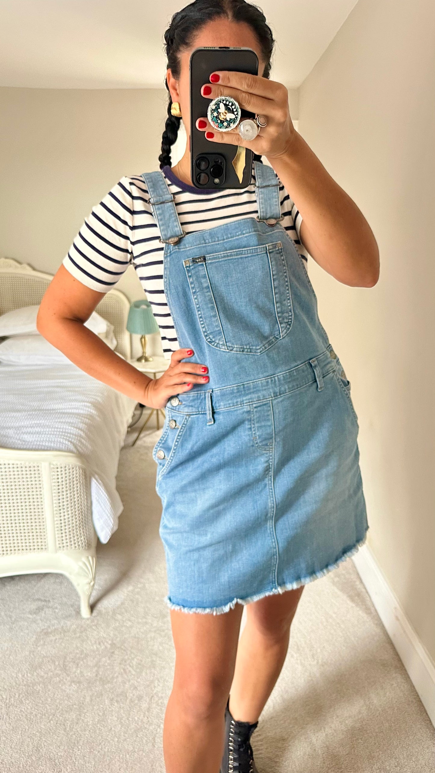 Lee light blue denim mini dungaree casual dress large UK 12 vgc w25