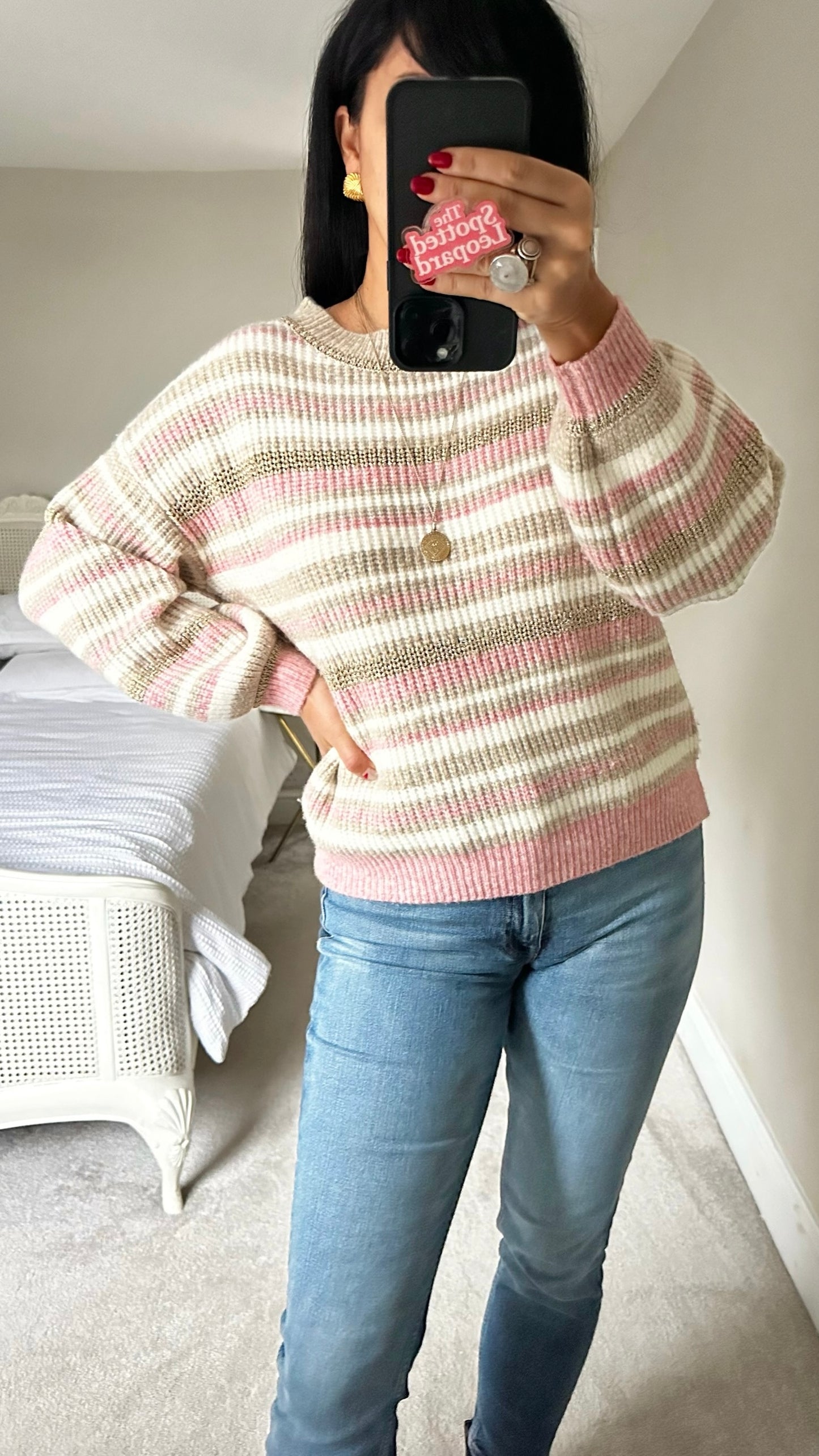 Oliver bonas pink cream white stripe shimmer knitted jumper small UK 8-10 vgc