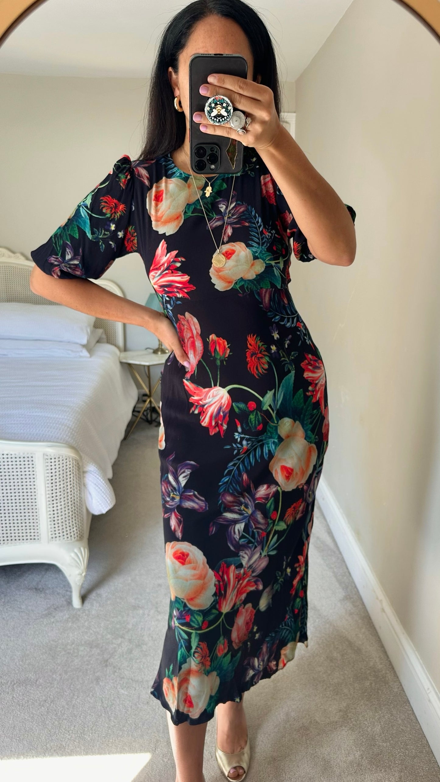 Anthropologie black red white floral print midaxi dress wedding guest event medium M UK 10 vgc