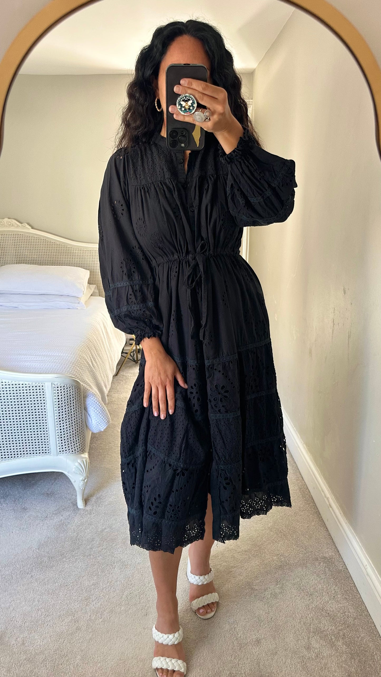 Warehouse black broderie anglaise button up long midi dress medium UK 10 vgc