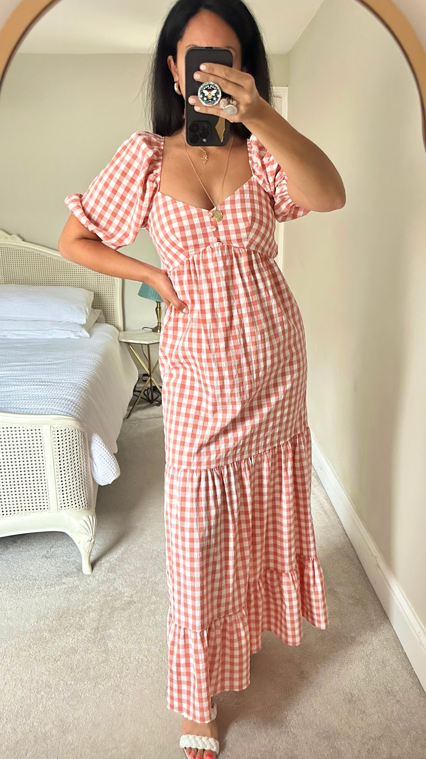 ASOS coral pink white gingham check backless tiered maxi long dress small S UK 8 vgc