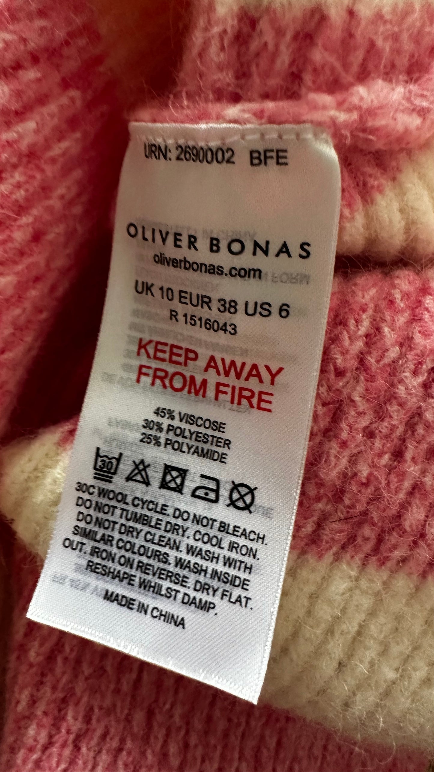 Oliver Bonas pink cream white stripe ice cream jumper small medium UK 10 vgc