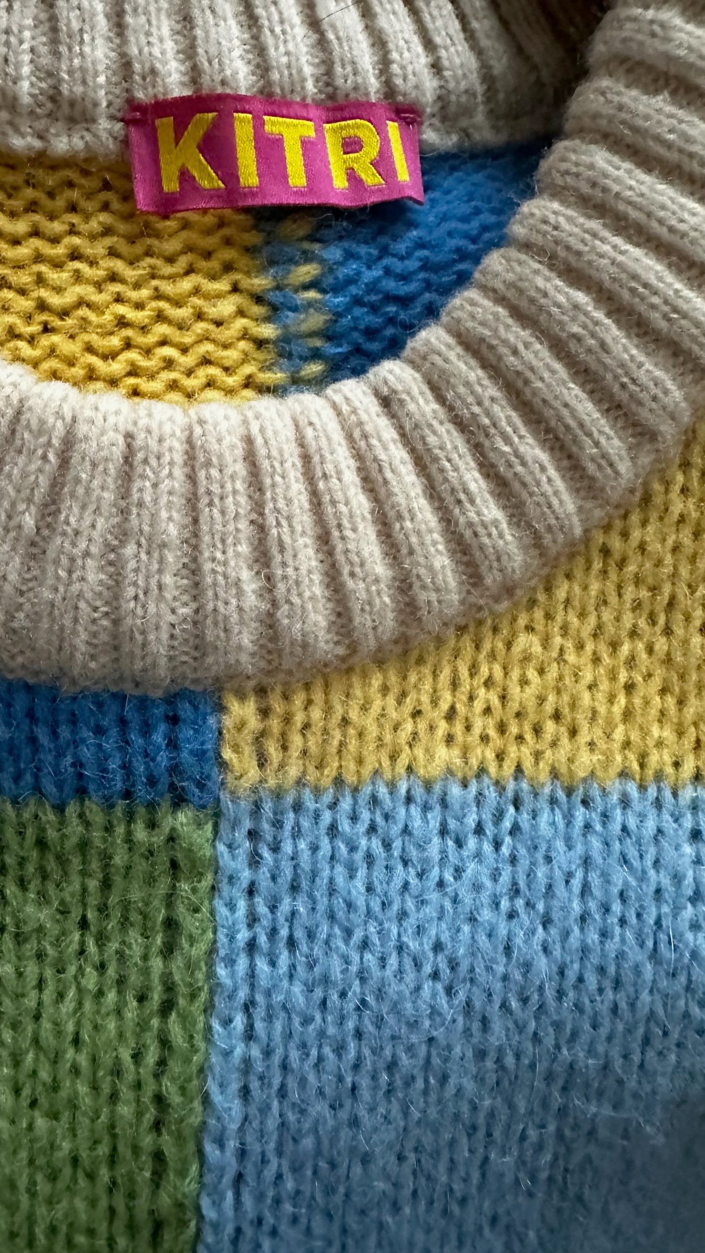 Kitri blue yellow green patchwork alpaca wool blend knitted mini dress large UK 12 vgc