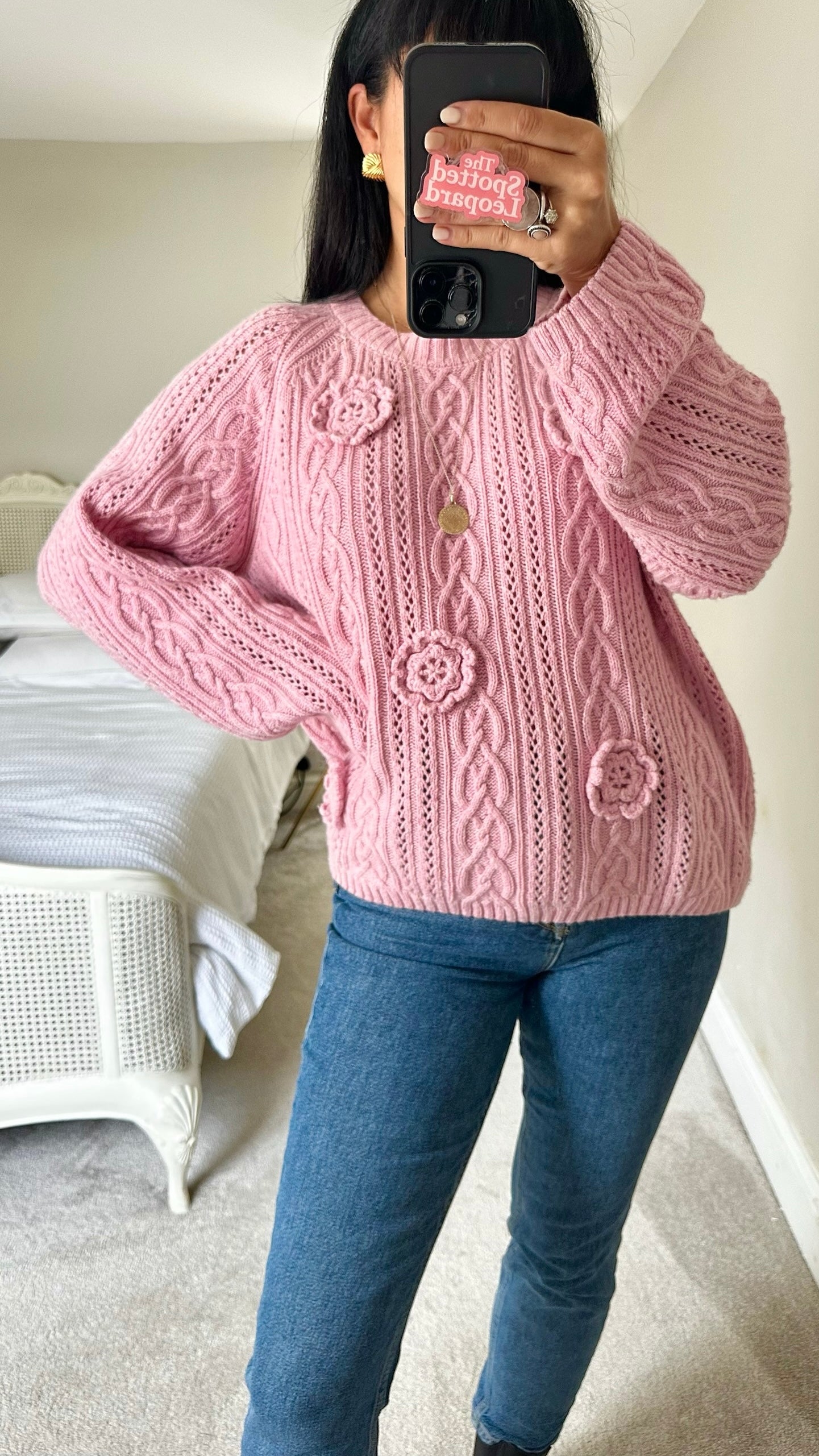 Selected femme @ Anthropologie pink crochet flower jumper extra large UK 14-16 vgc