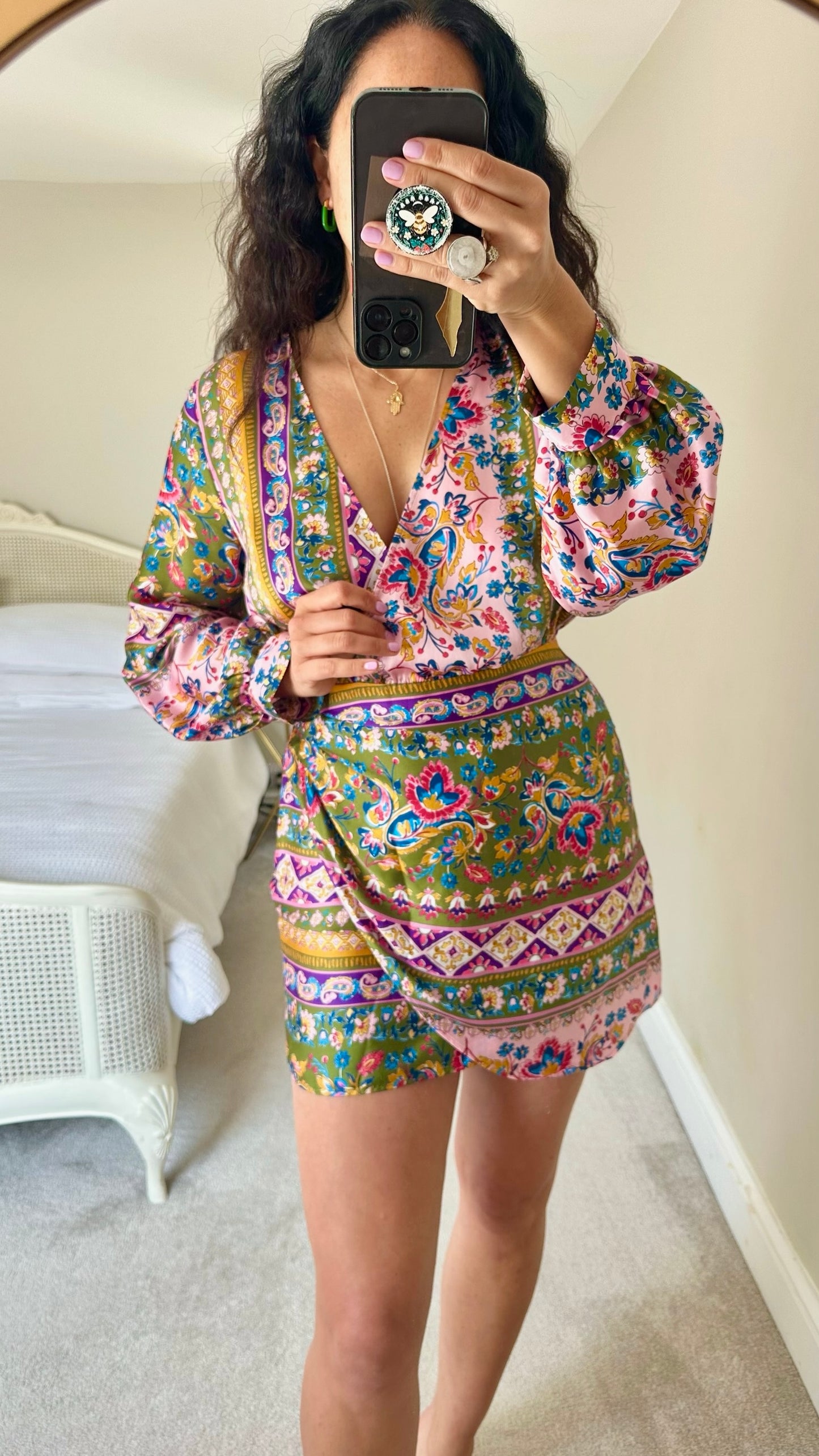 Zara pink green Italian print faux wrap mini small dress medium M UK 8 10 excellent used condition
