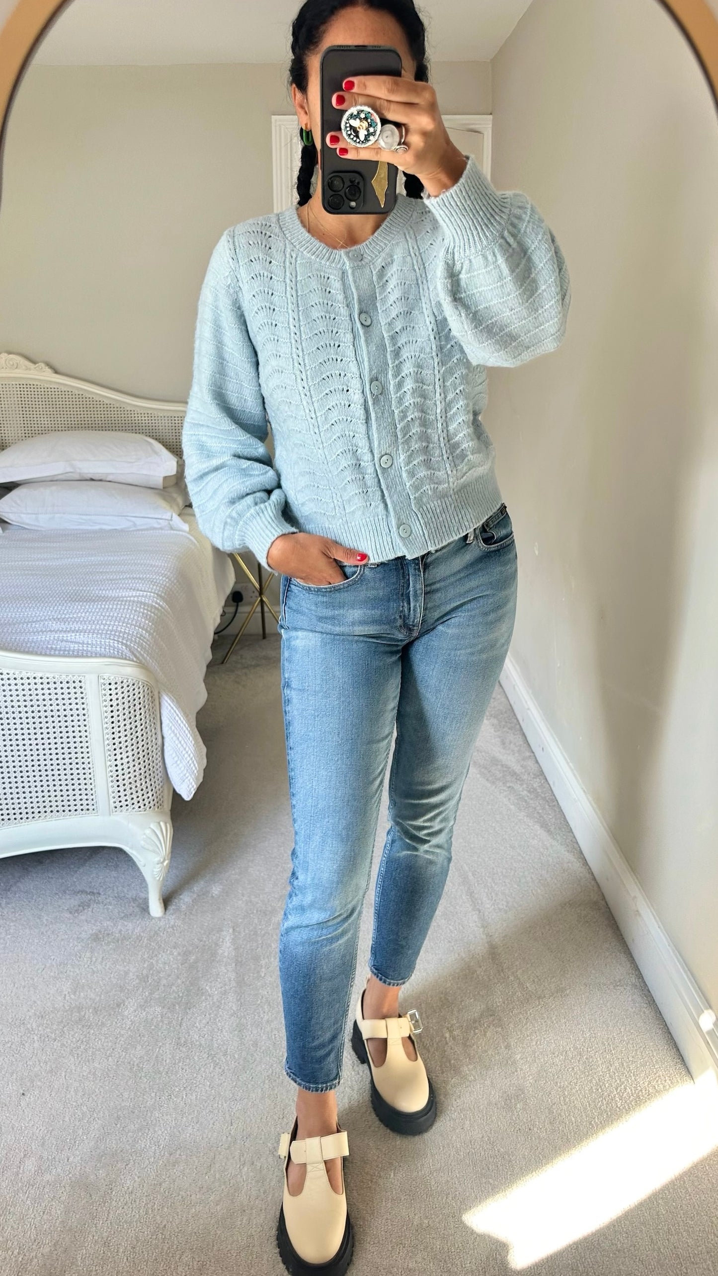 Oliver bonas light blue shell crochet knitted cardigan medium UK 10 vgc w25
