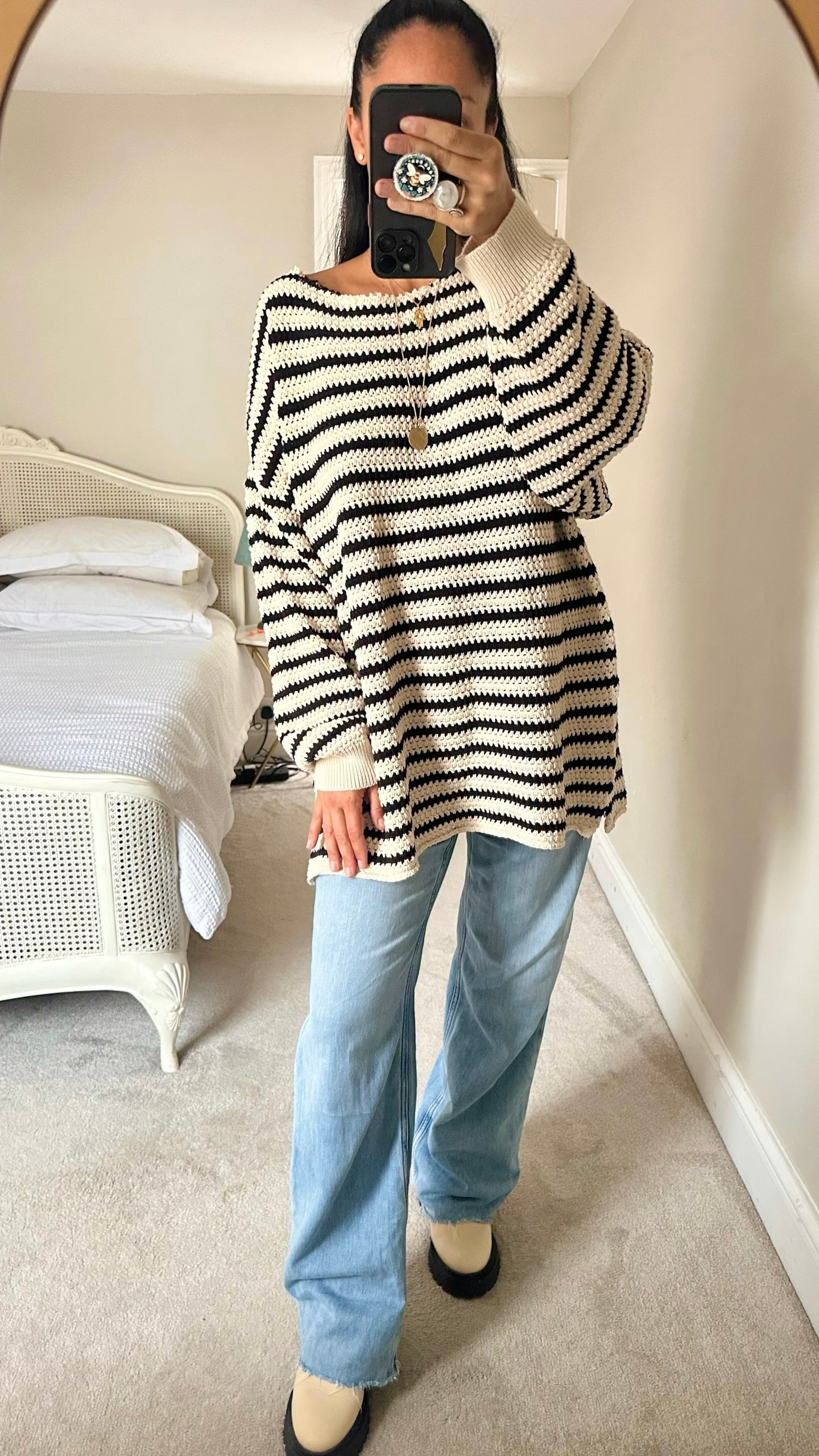 Zara cream black stripe crotchet knit longline jumper dress XL extra large UK 14 vgc W25