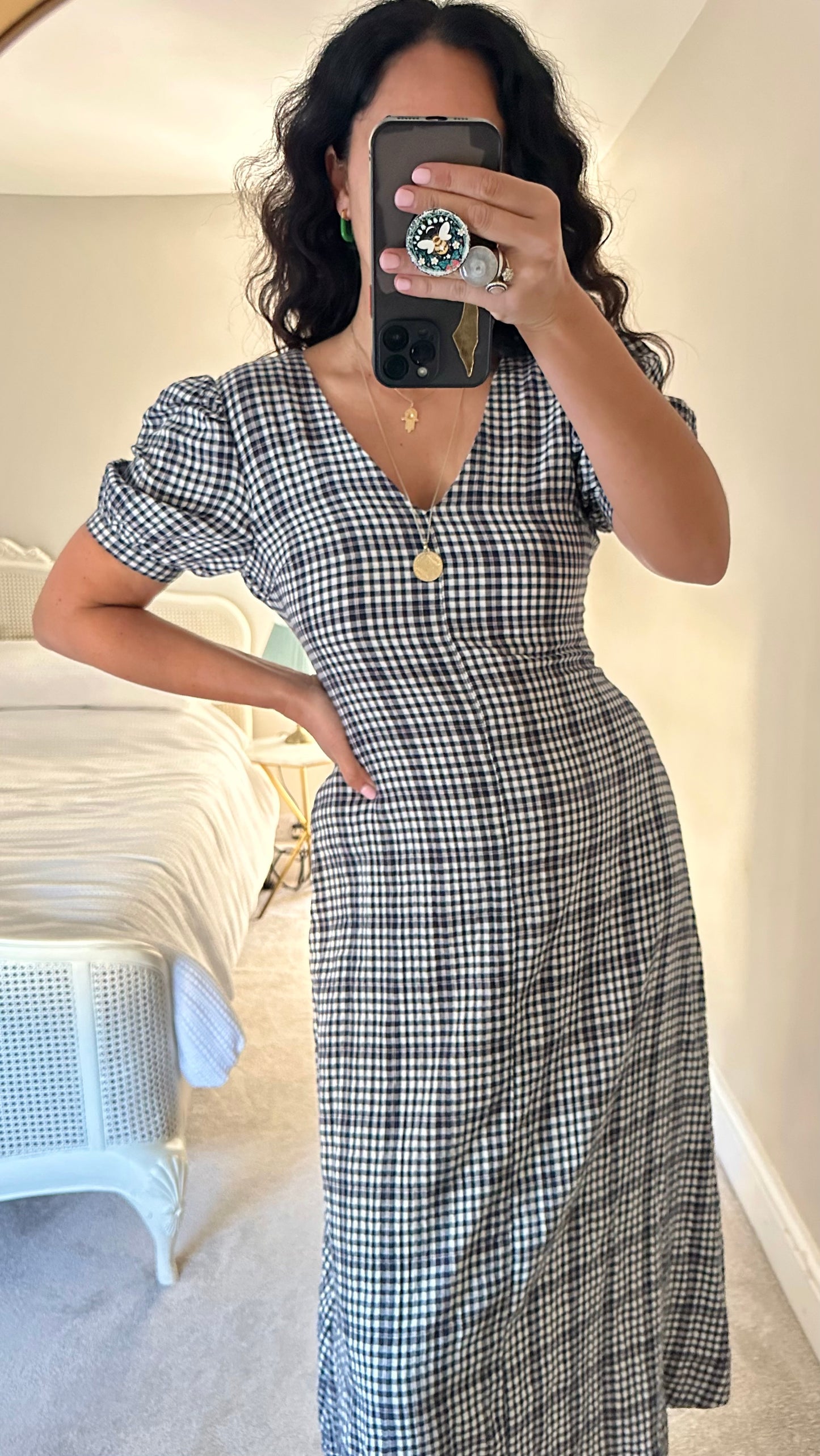 Whistles black white gingham check midi long dress small UK 10 vgc