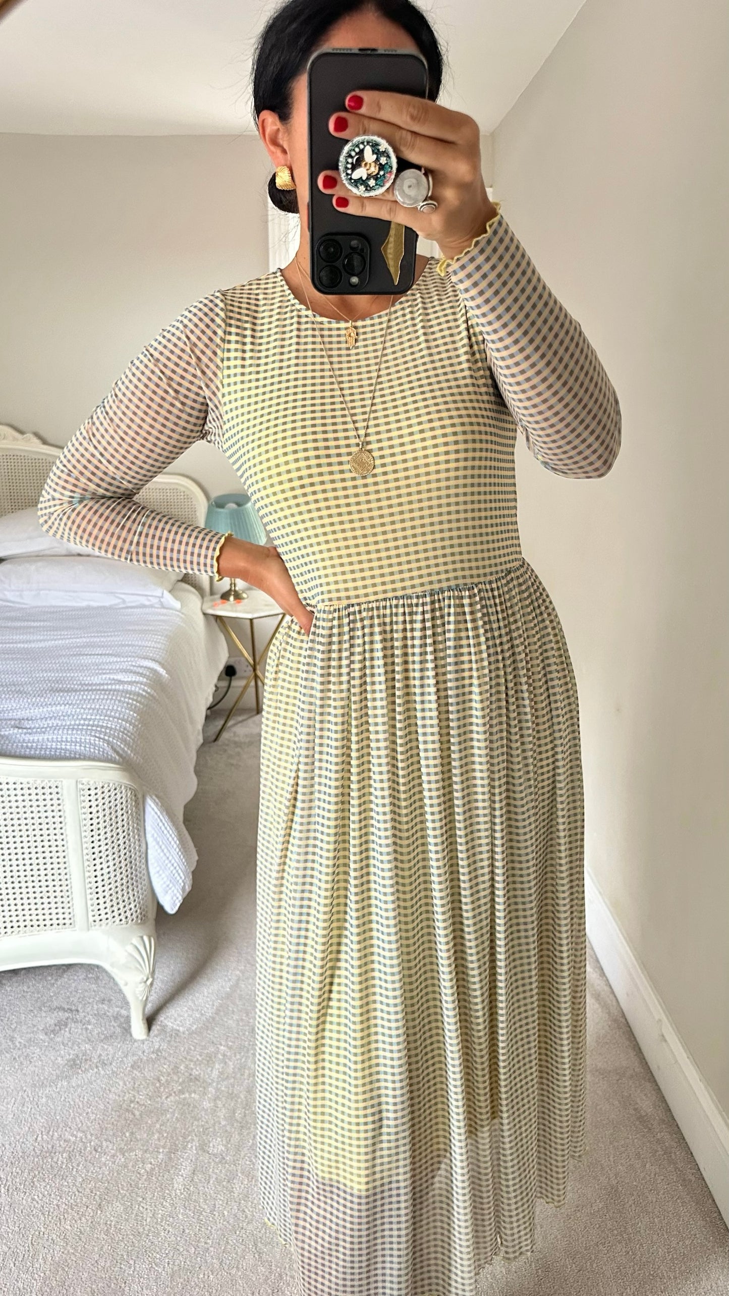 Numph @ anthropologie yellow blue gingham check midi dress mesh small UK 8-10 vgc w25