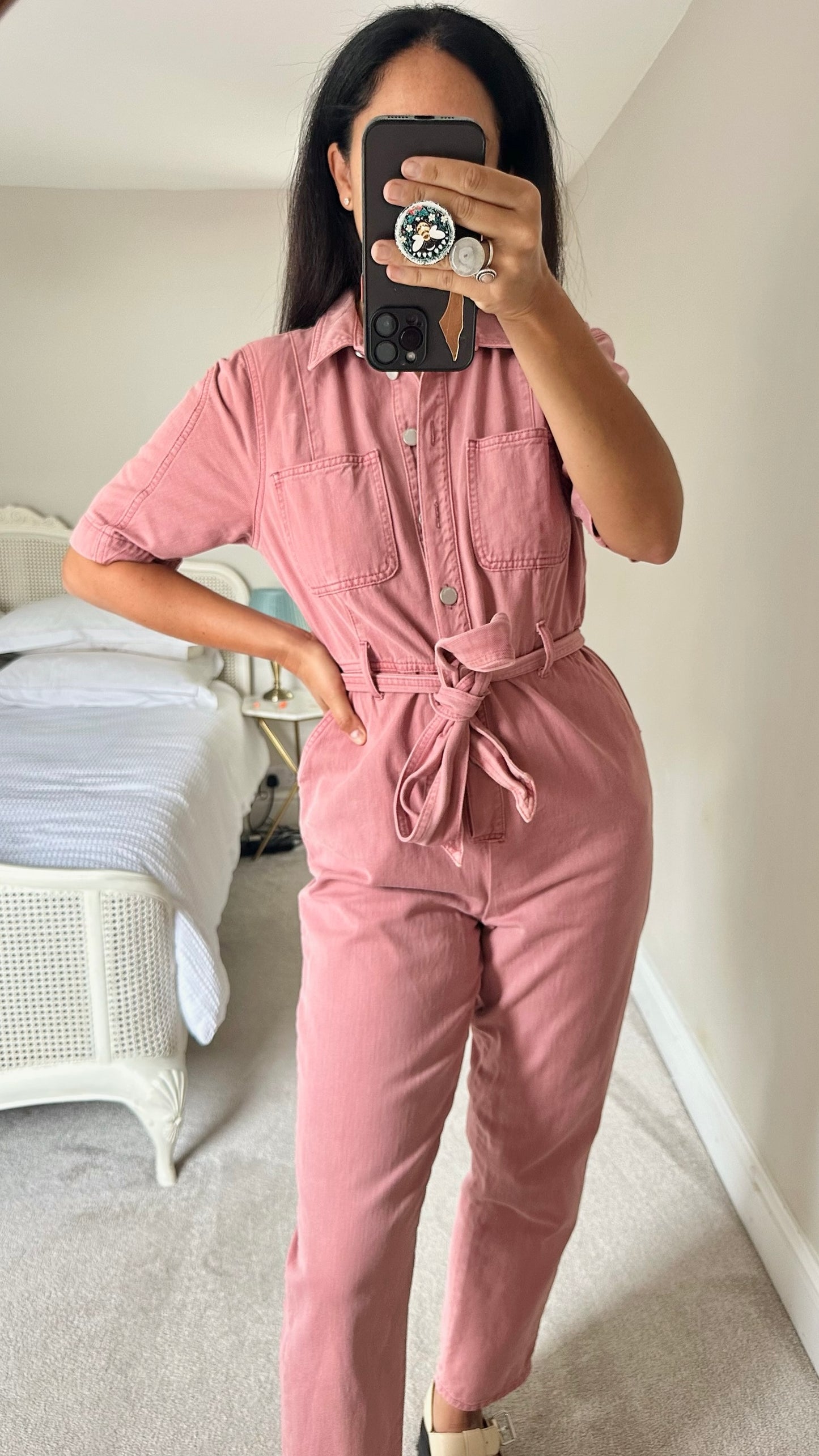 Mint velvet soft pink denim button up jumpsuit boilersuit L large UK 12 excellent used condition W25