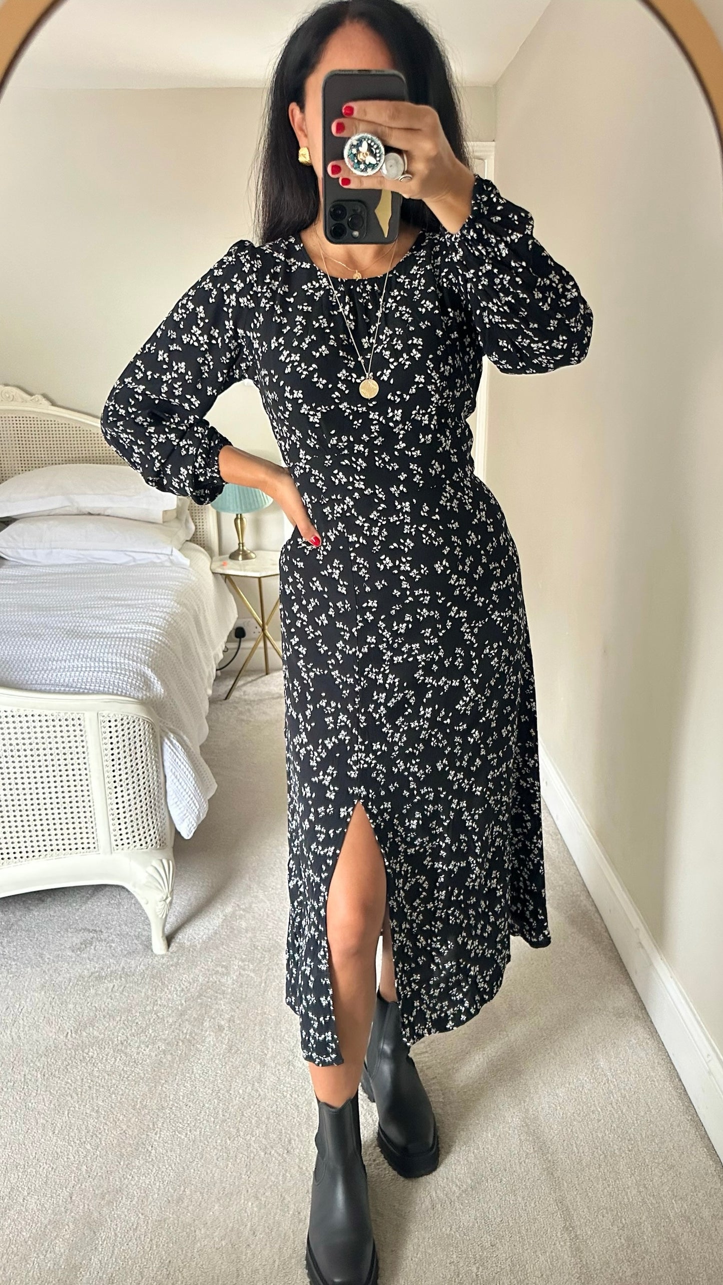 & other stories black white floral side split maxi midi dress large UK 12 vgc w25